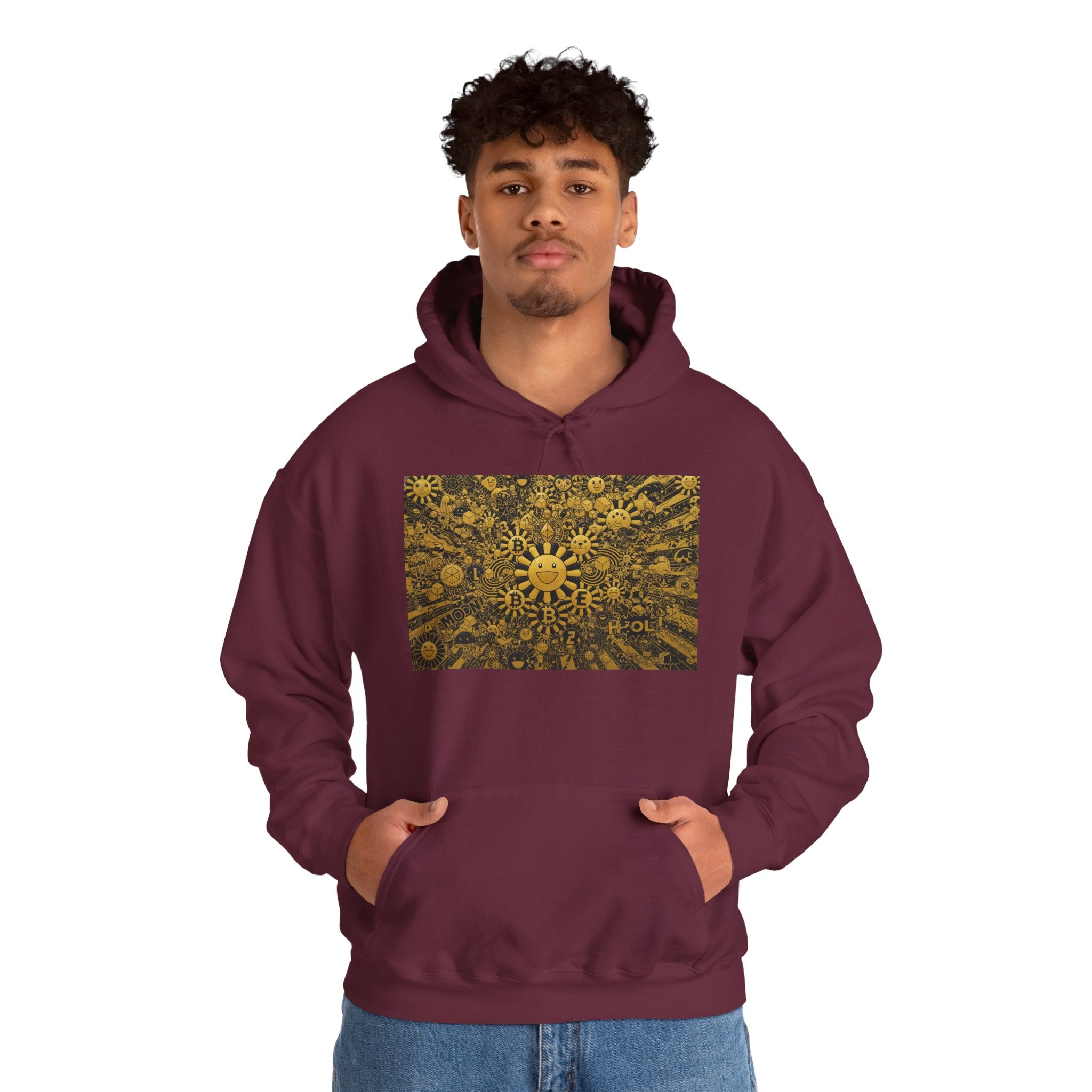 Solar Mandala Hoodie — Golden Sunburst Graphic Pullover
