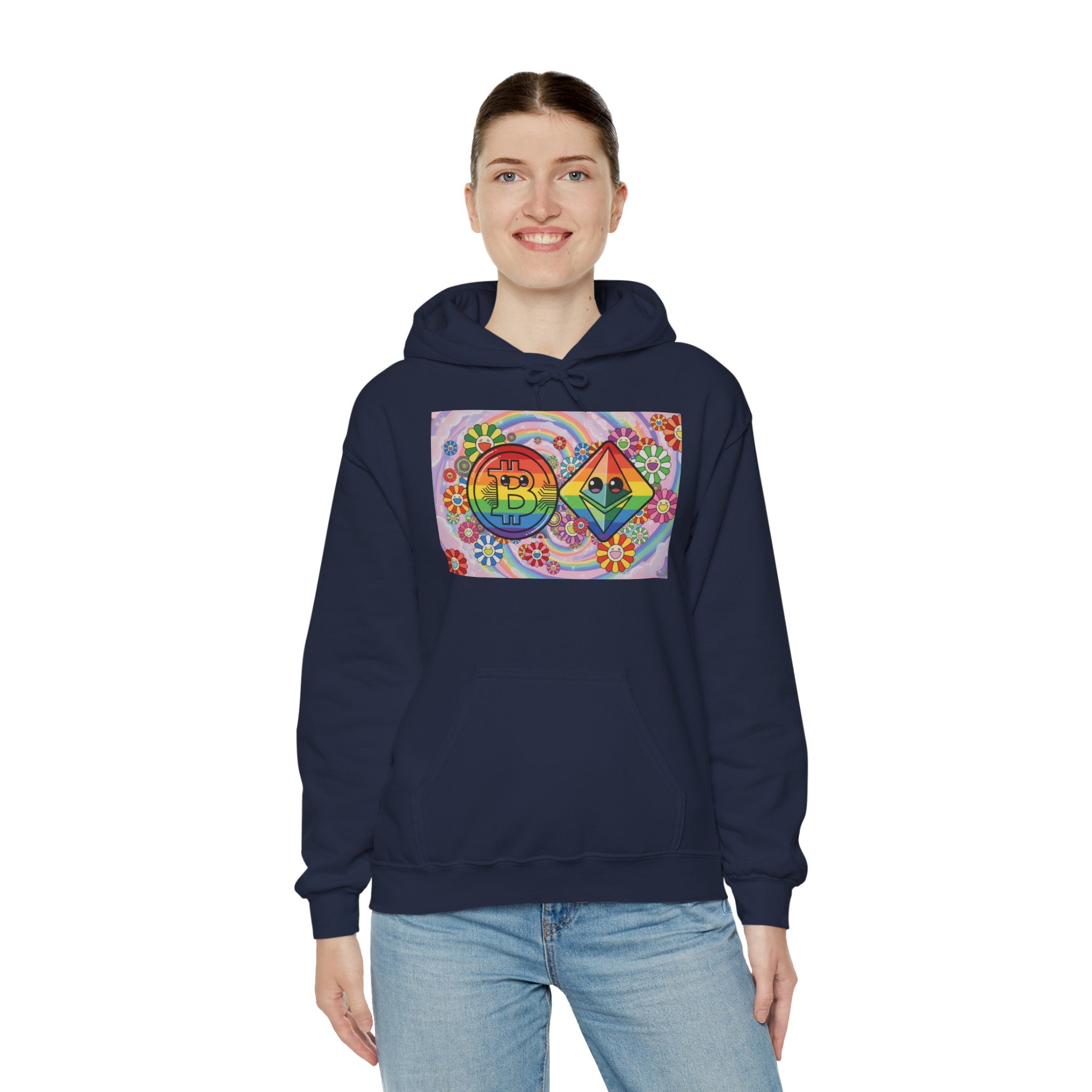 Crypto Flower Power Hoodie — Bitcoin & Ethereum Psychedelic Design