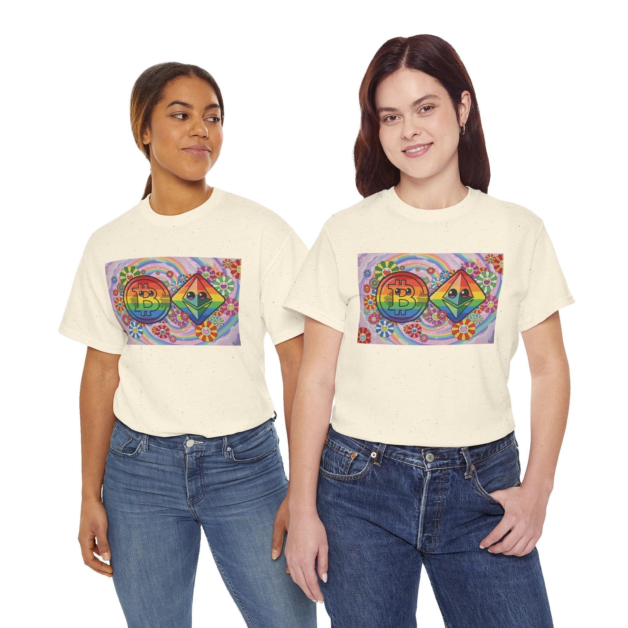 Crypto Rainbow T-Shirt — Bitcoin & Ethereum Hippie Art Tee