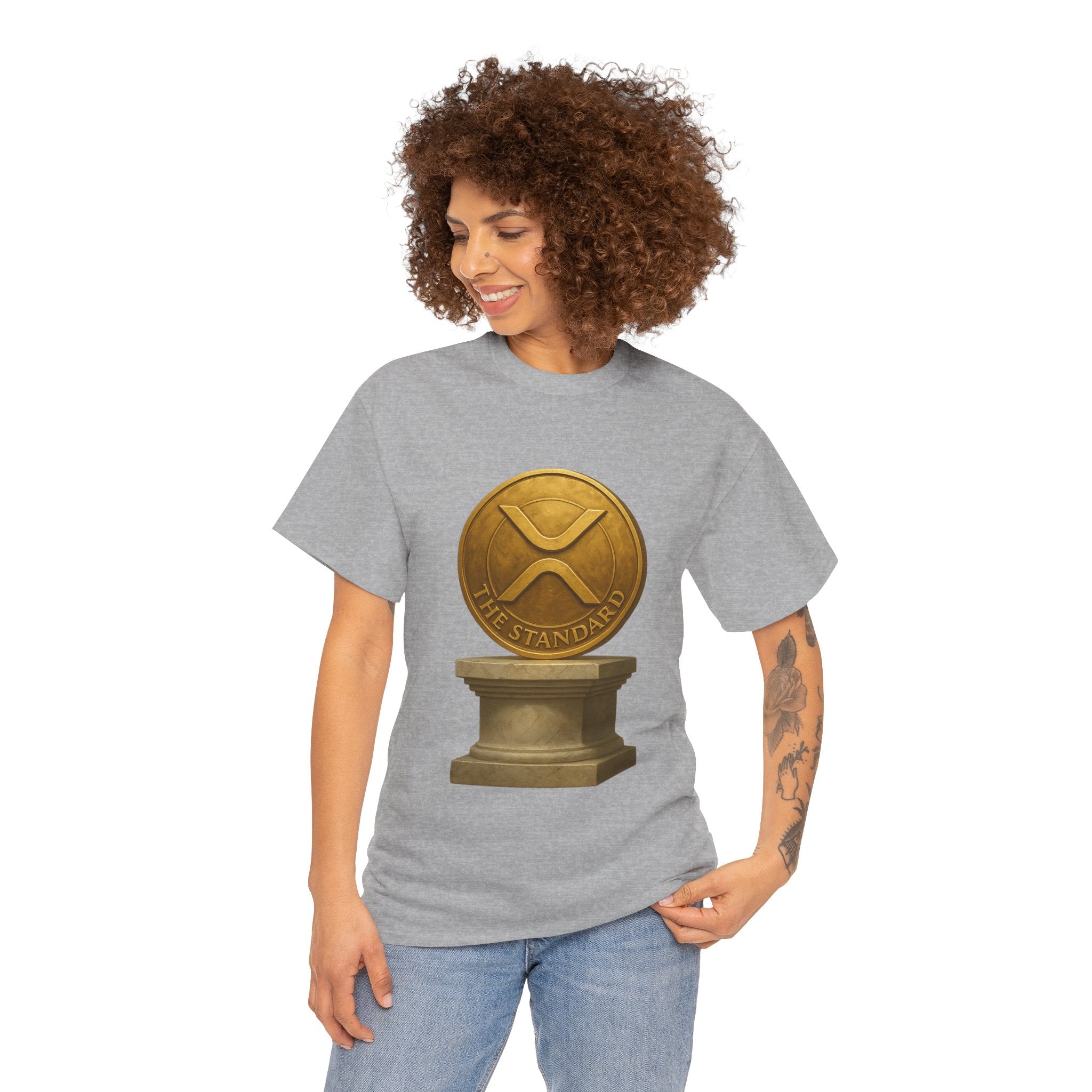 XRP Ledger Trophy T‑Shirt – Gold Ripple Coin on Pedestal Crypto Tee