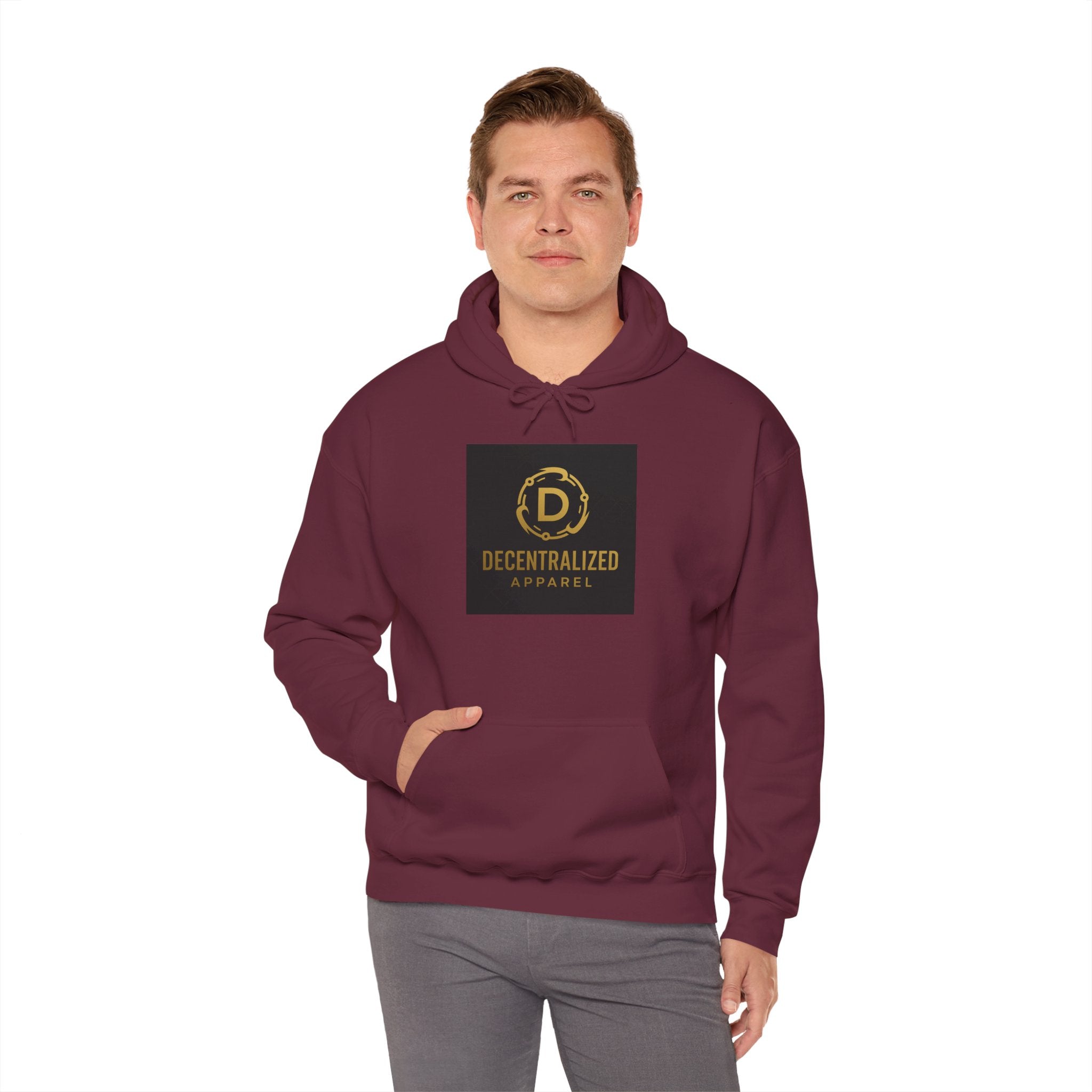 Decentralized Apparel Logo Hoodie – Gold Emblem Streetwear Sweatshirt