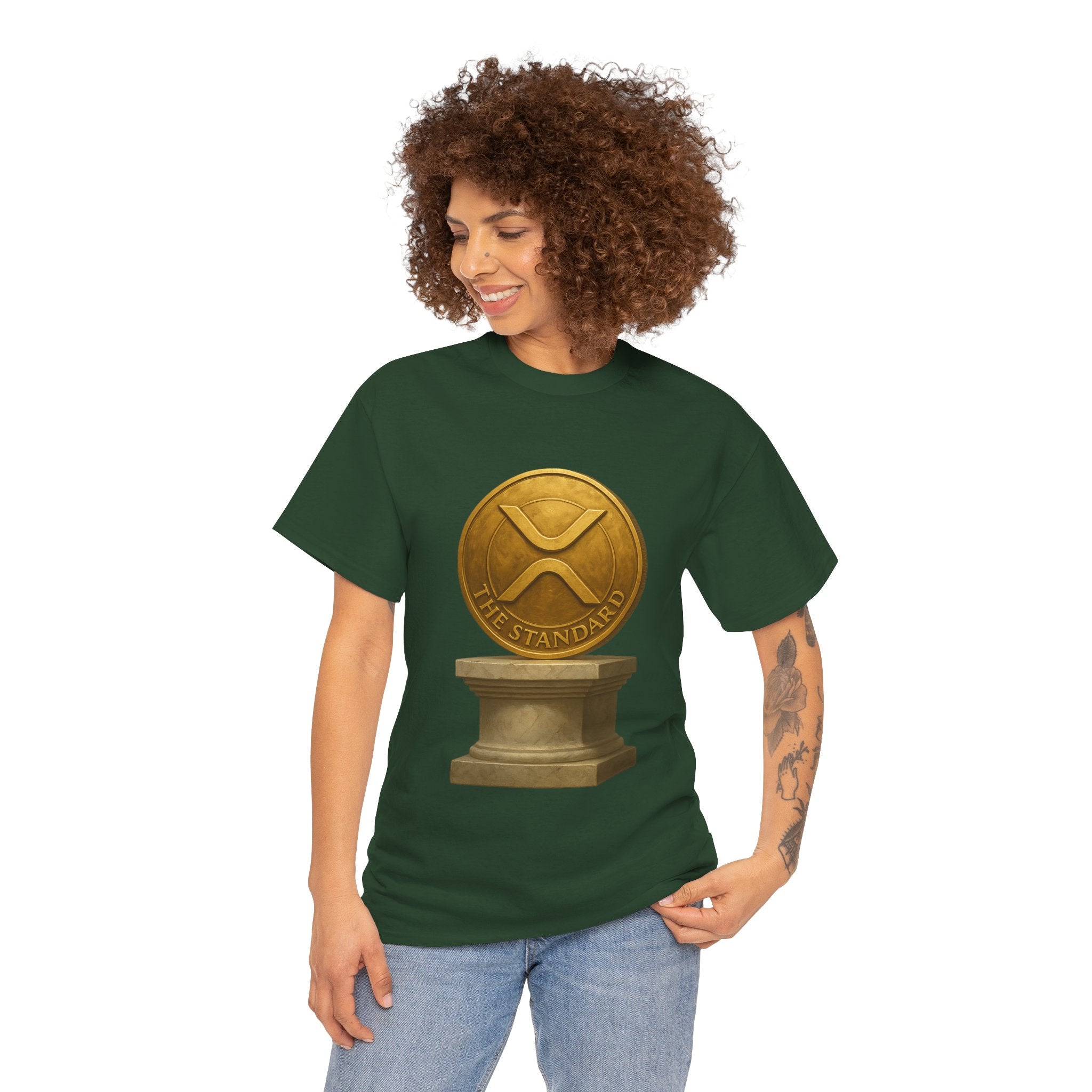 XRP Ledger Trophy T‑Shirt – Gold Ripple Coin on Pedestal Crypto Tee