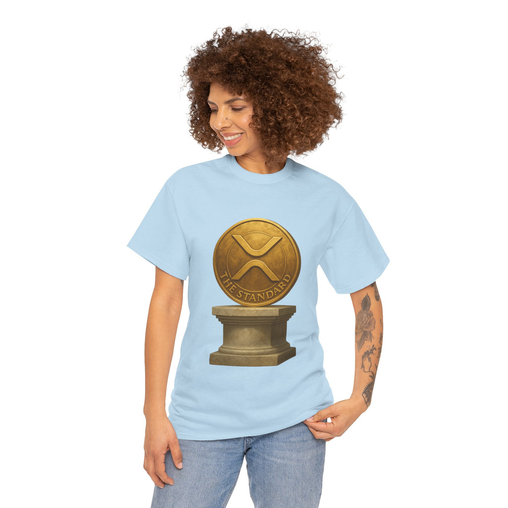 XRP Ledger Trophy T‑Shirt – Gold Ripple Coin on Pedestal Crypto Tee