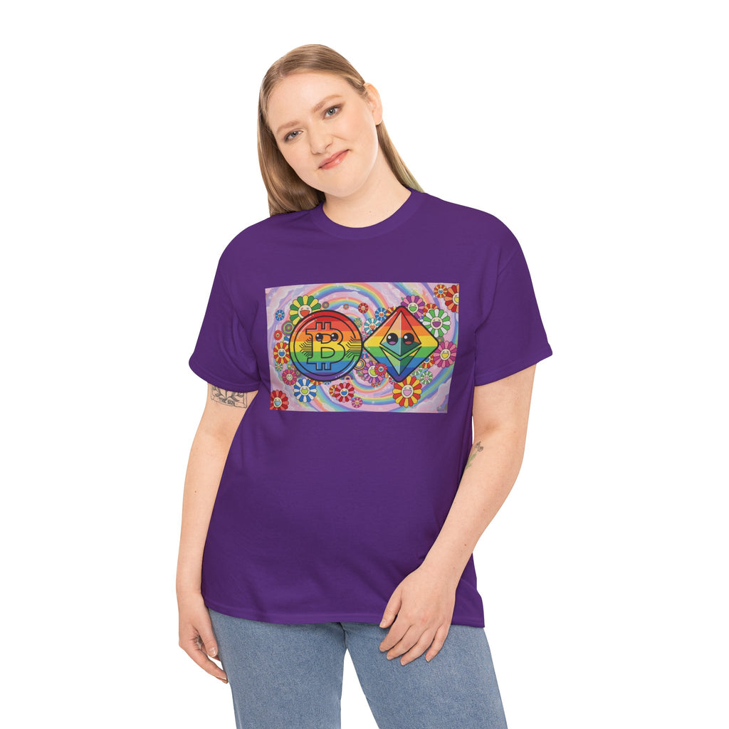 Crypto Rainbow T-Shirt — Bitcoin & Ethereum Hippie Art Tee