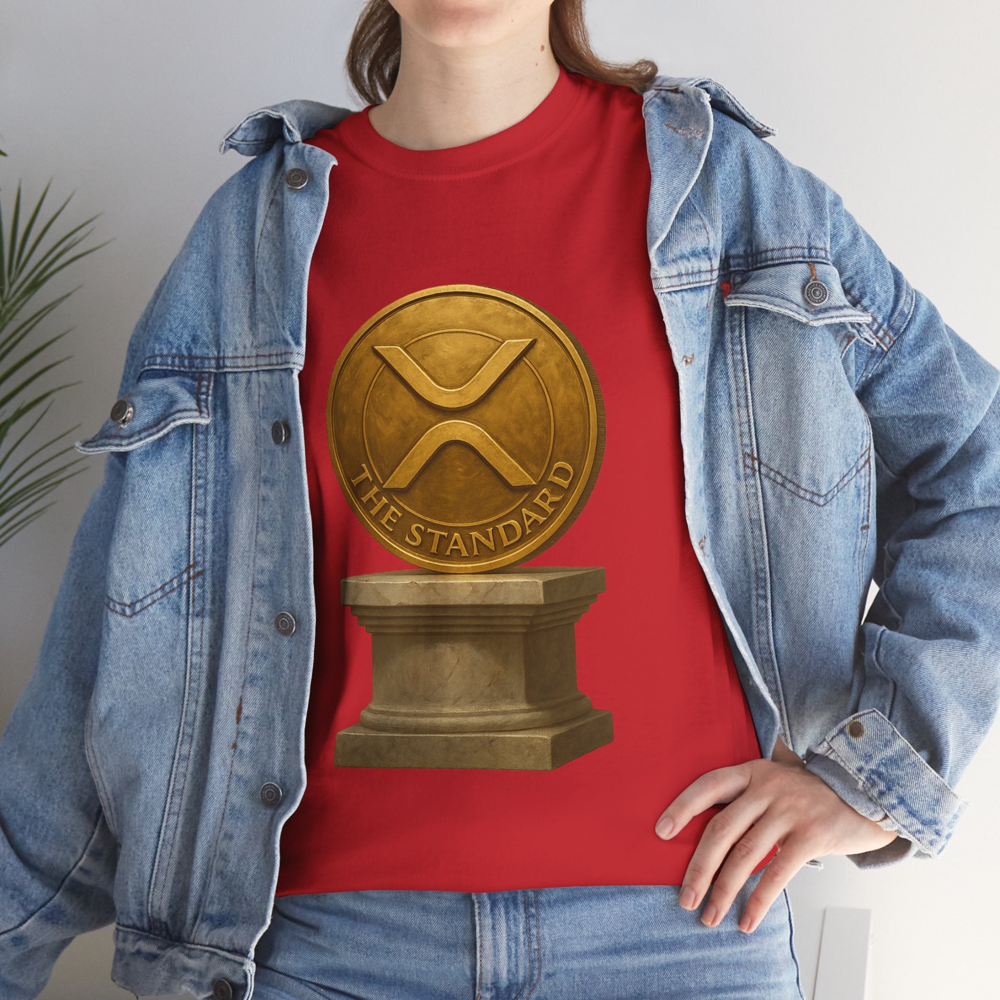 XRP Ledger Trophy T‑Shirt – Gold Ripple Coin on Pedestal Crypto Tee