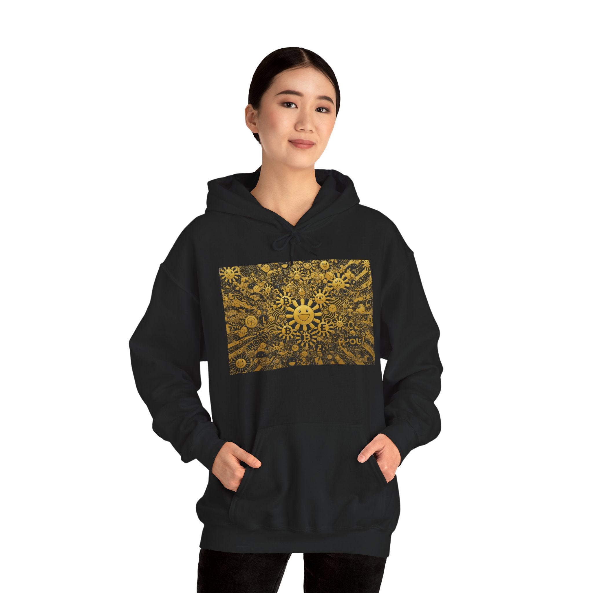 Solar Mandala Hoodie — Golden Sunburst Graphic Pullover