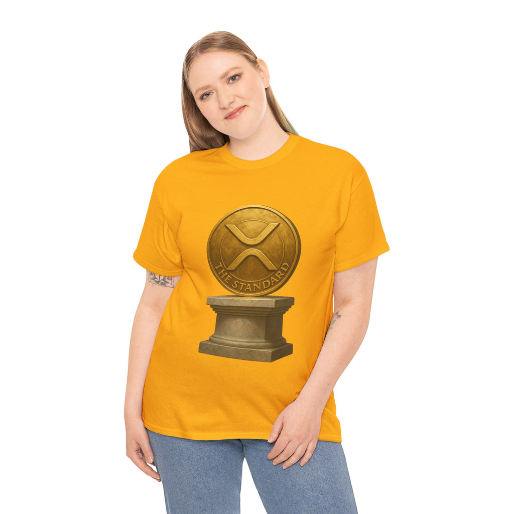 XRP Ledger Trophy T‑Shirt – Gold Ripple Coin on Pedestal Crypto Tee