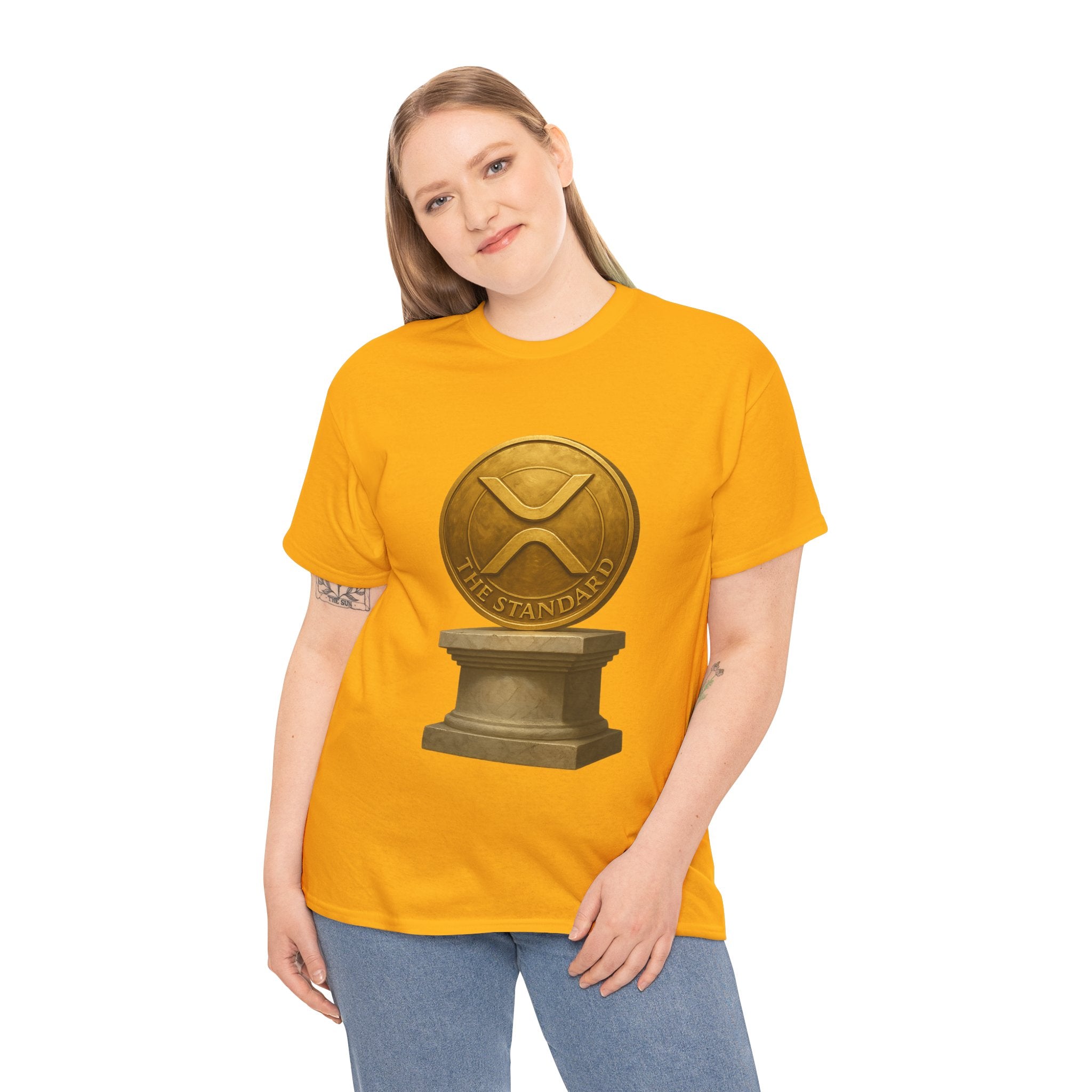 XRP Ledger Trophy T‑Shirt – Gold Ripple Coin on Pedestal Crypto Tee