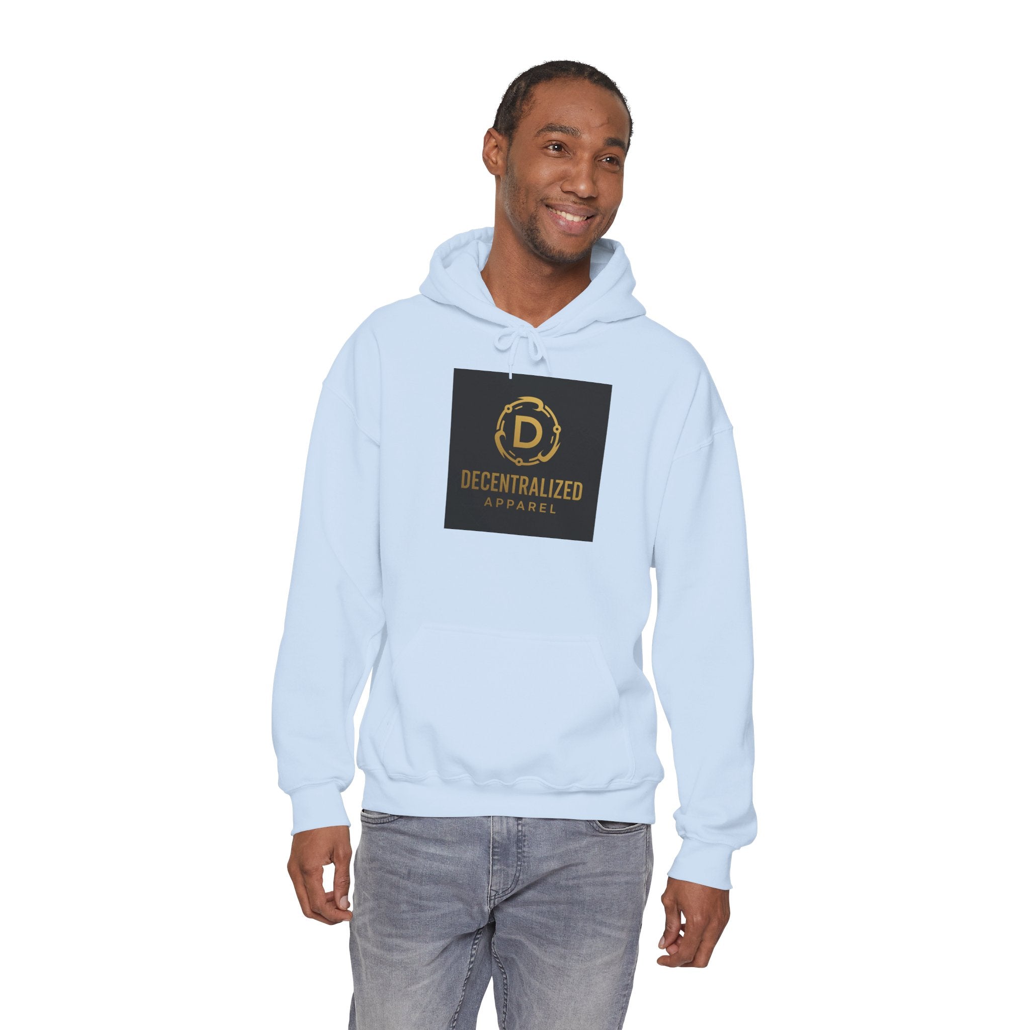 Decentralized Apparel Logo Hoodie – Gold Emblem Streetwear Sweatshirt