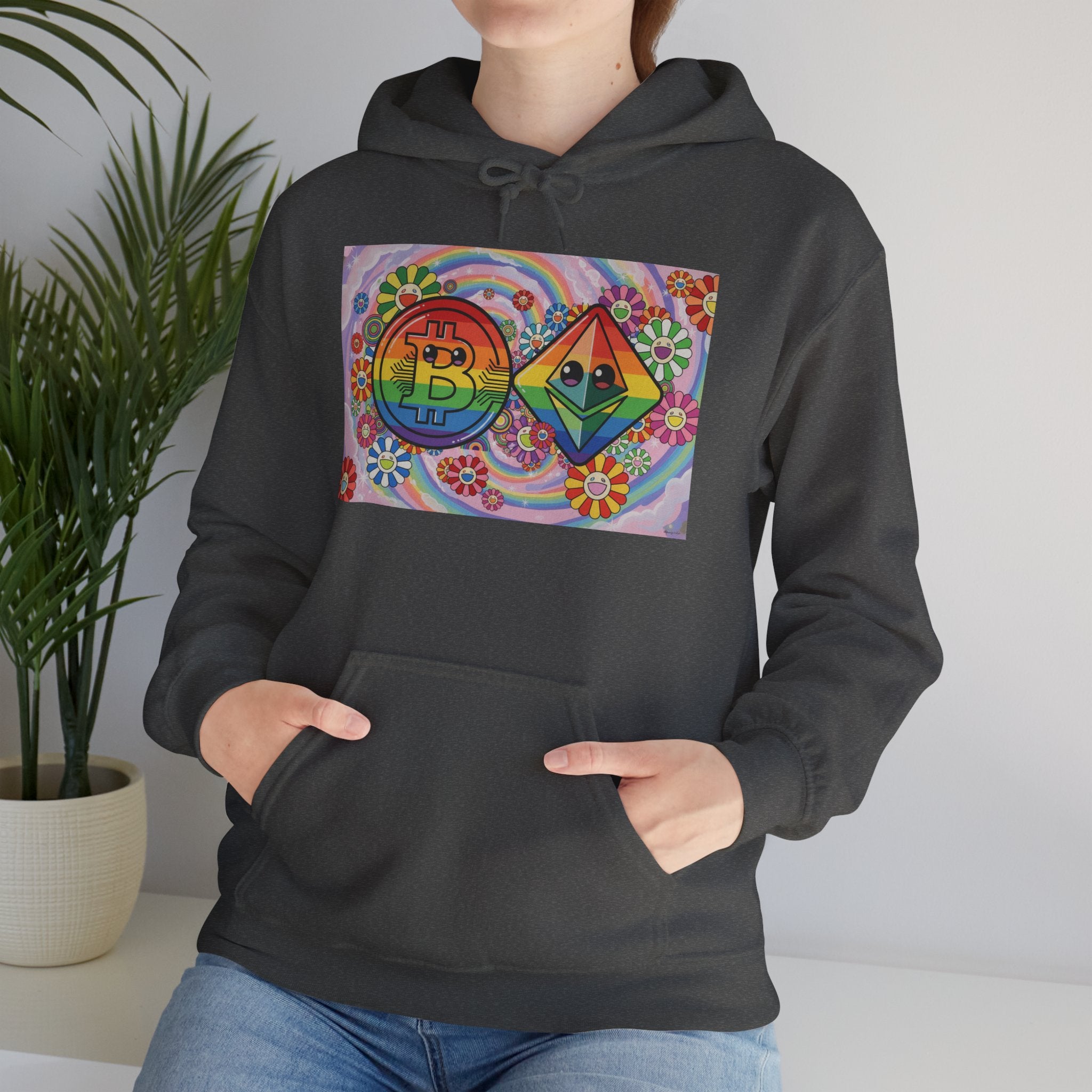 Crypto Flower Power Hoodie — Bitcoin & Ethereum Psychedelic Design