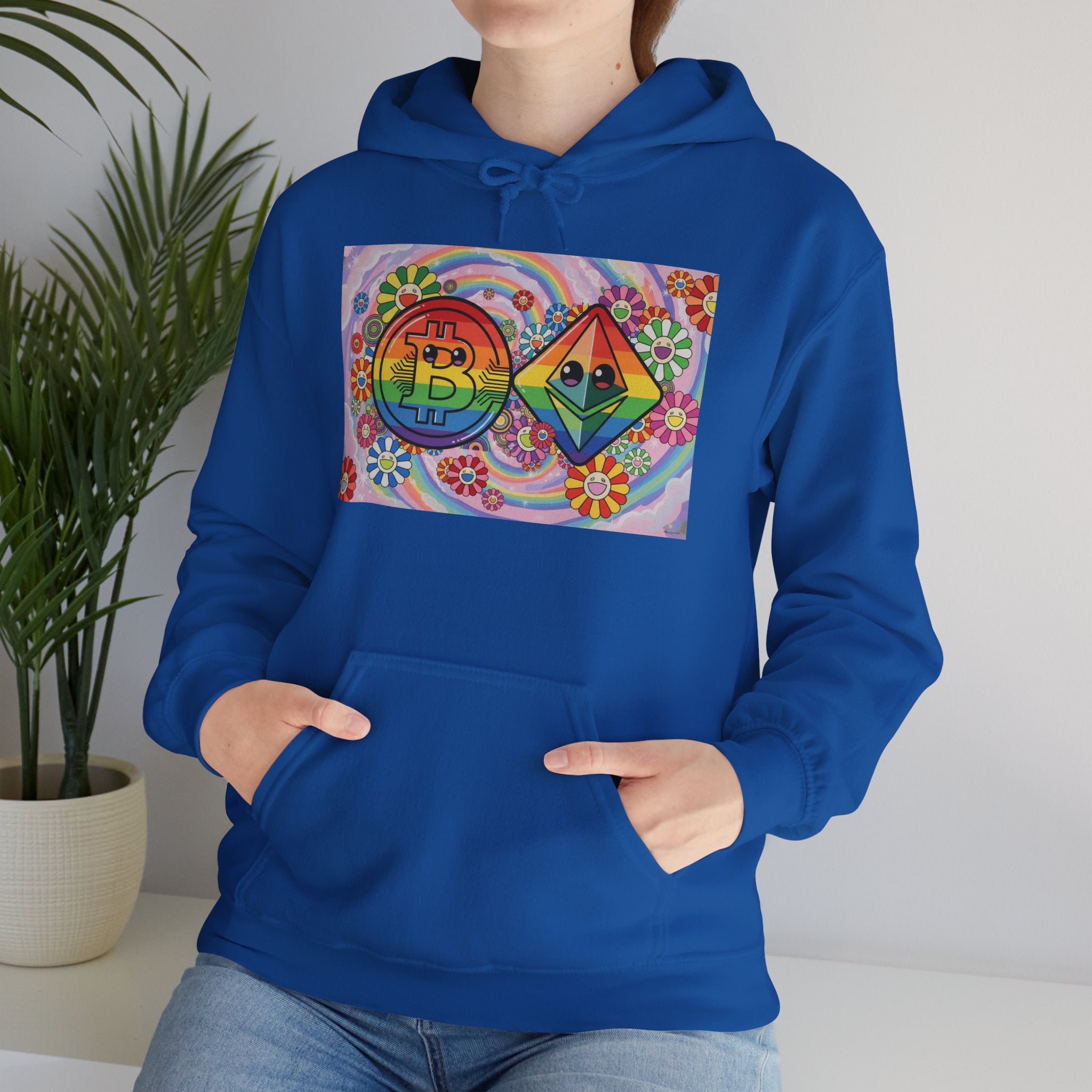 Crypto Flower Power Hoodie — Bitcoin & Ethereum Psychedelic Design