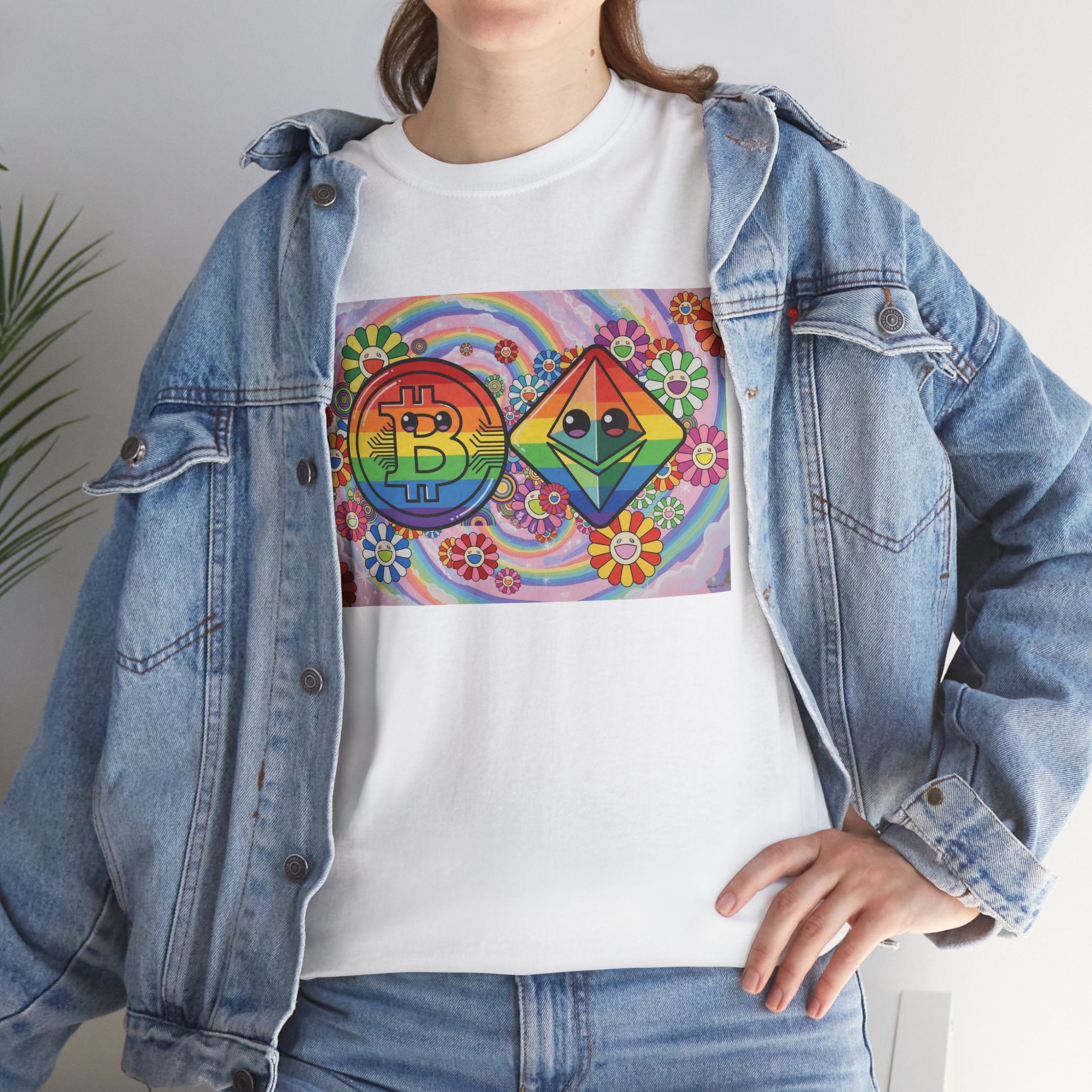 Crypto Rainbow T-Shirt — Bitcoin & Ethereum Hippie Art Tee