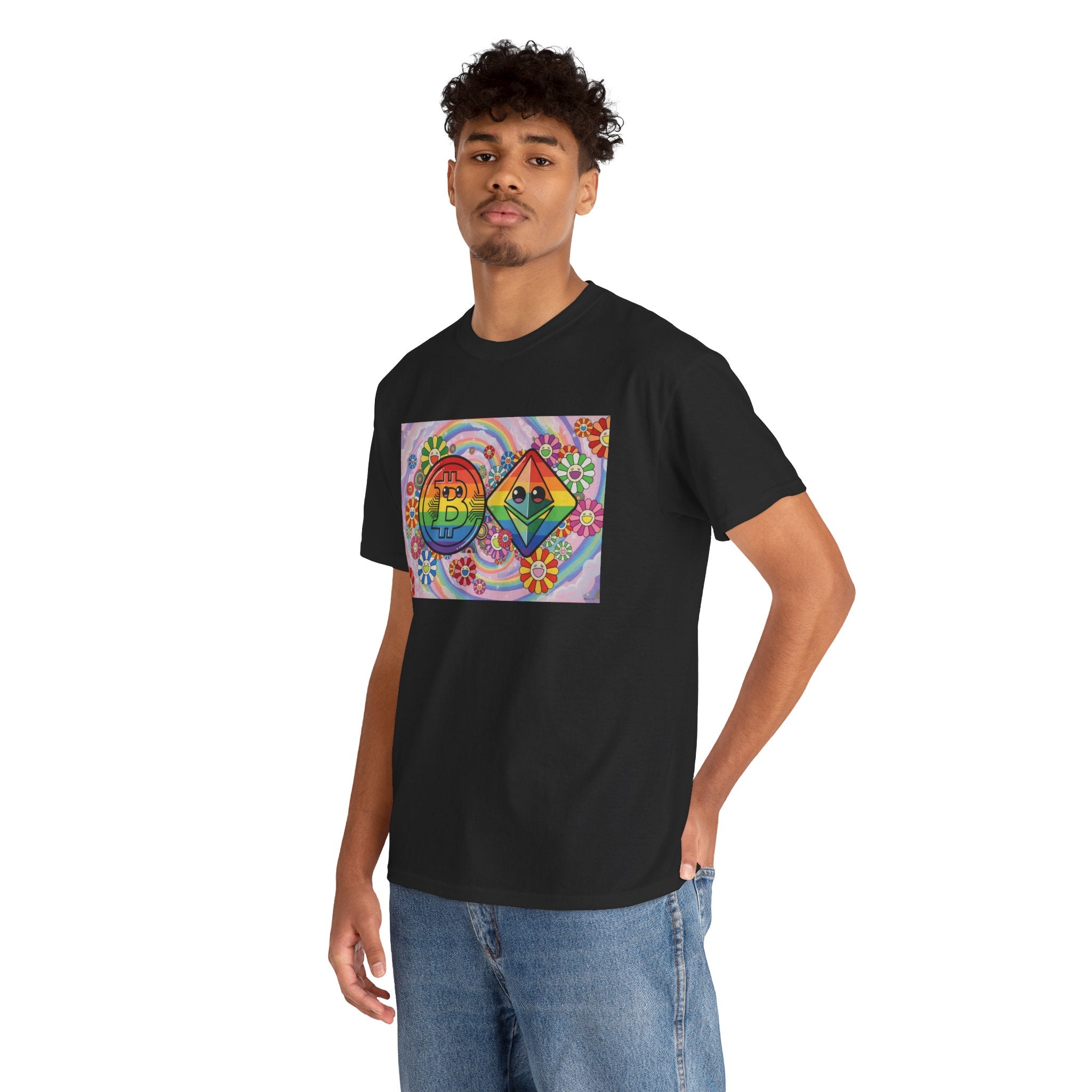 Crypto Rainbow T-Shirt — Bitcoin & Ethereum Hippie Art Tee