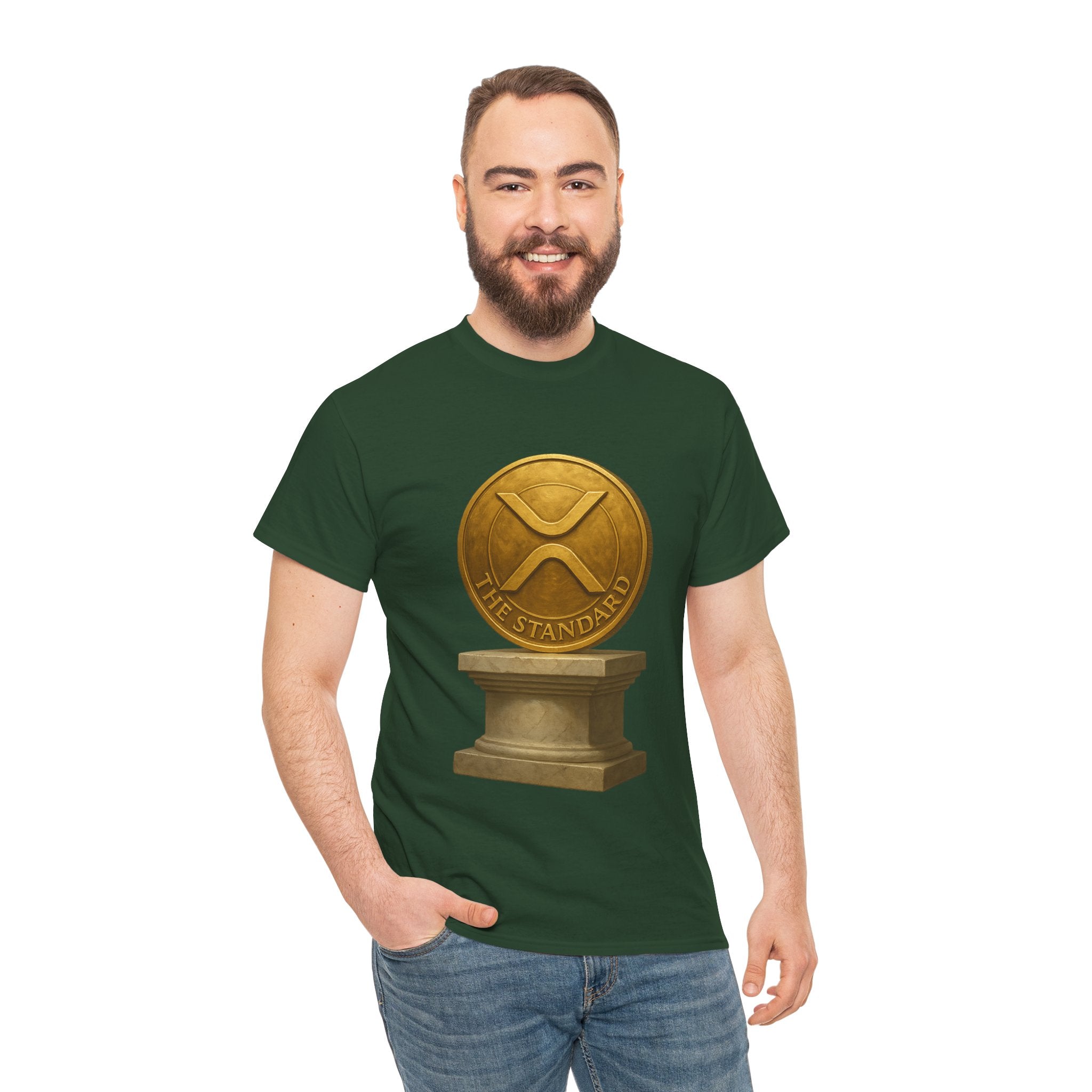 XRP Ledger Trophy T‑Shirt – Gold Ripple Coin on Pedestal Crypto Tee