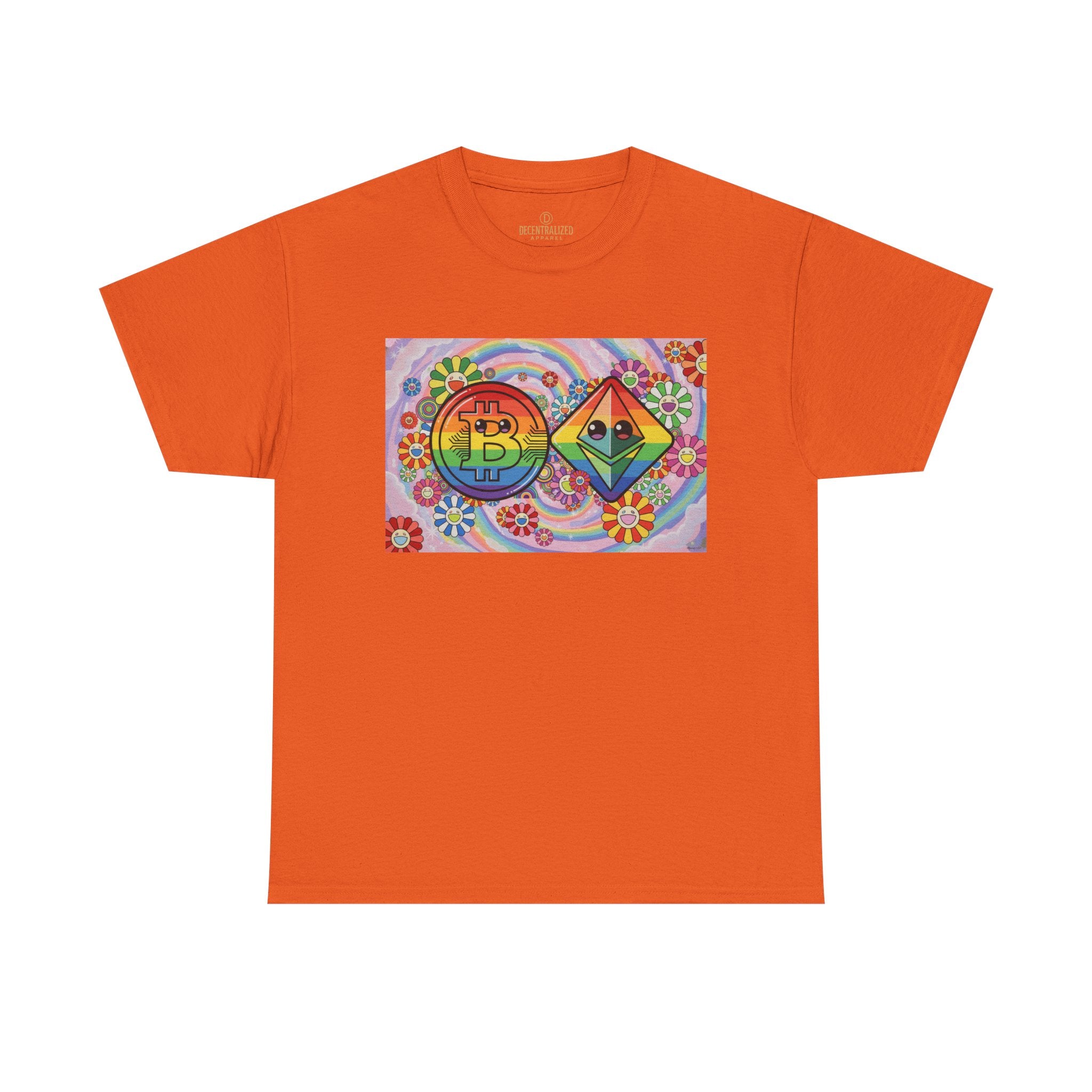 Crypto Rainbow T-Shirt — Bitcoin & Ethereum Hippie Art Tee