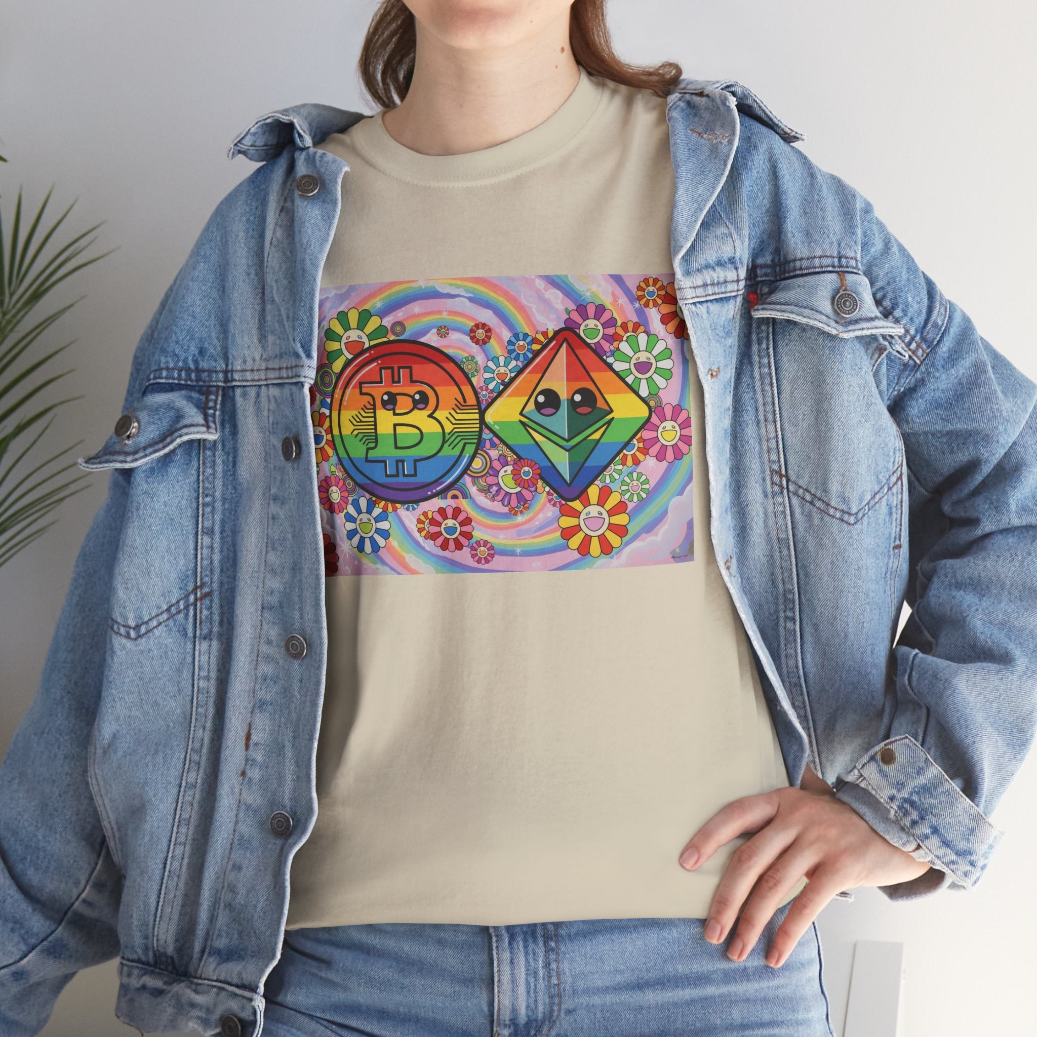 Crypto Rainbow T-Shirt — Bitcoin & Ethereum Hippie Art Tee