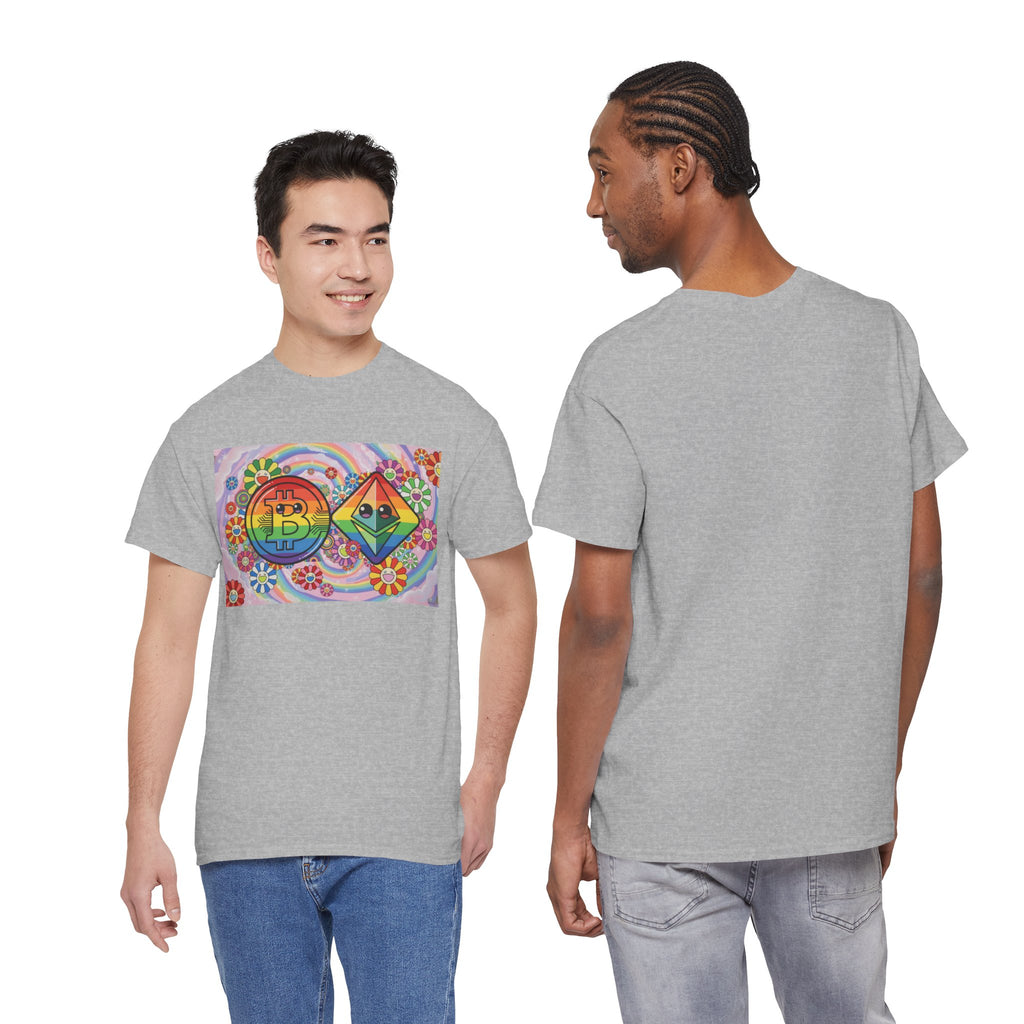 Crypto Rainbow T-Shirt — Bitcoin & Ethereum Hippie Art Tee