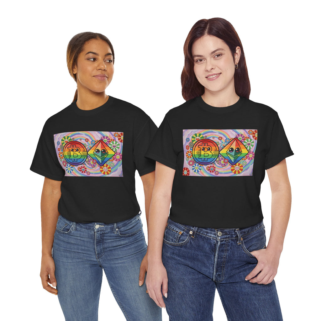 Crypto Rainbow T-Shirt — Bitcoin & Ethereum Hippie Art Tee