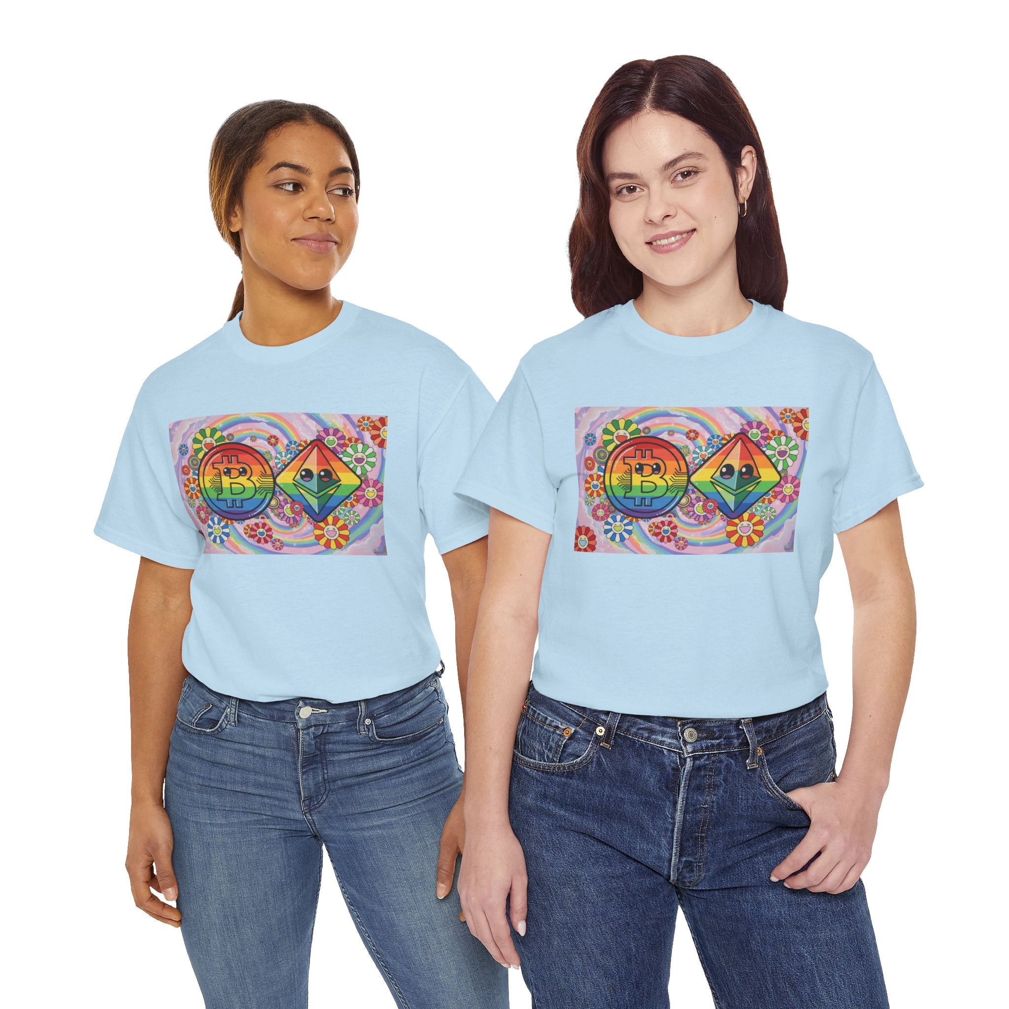 Crypto Rainbow T-Shirt — Bitcoin & Ethereum Hippie Art Tee