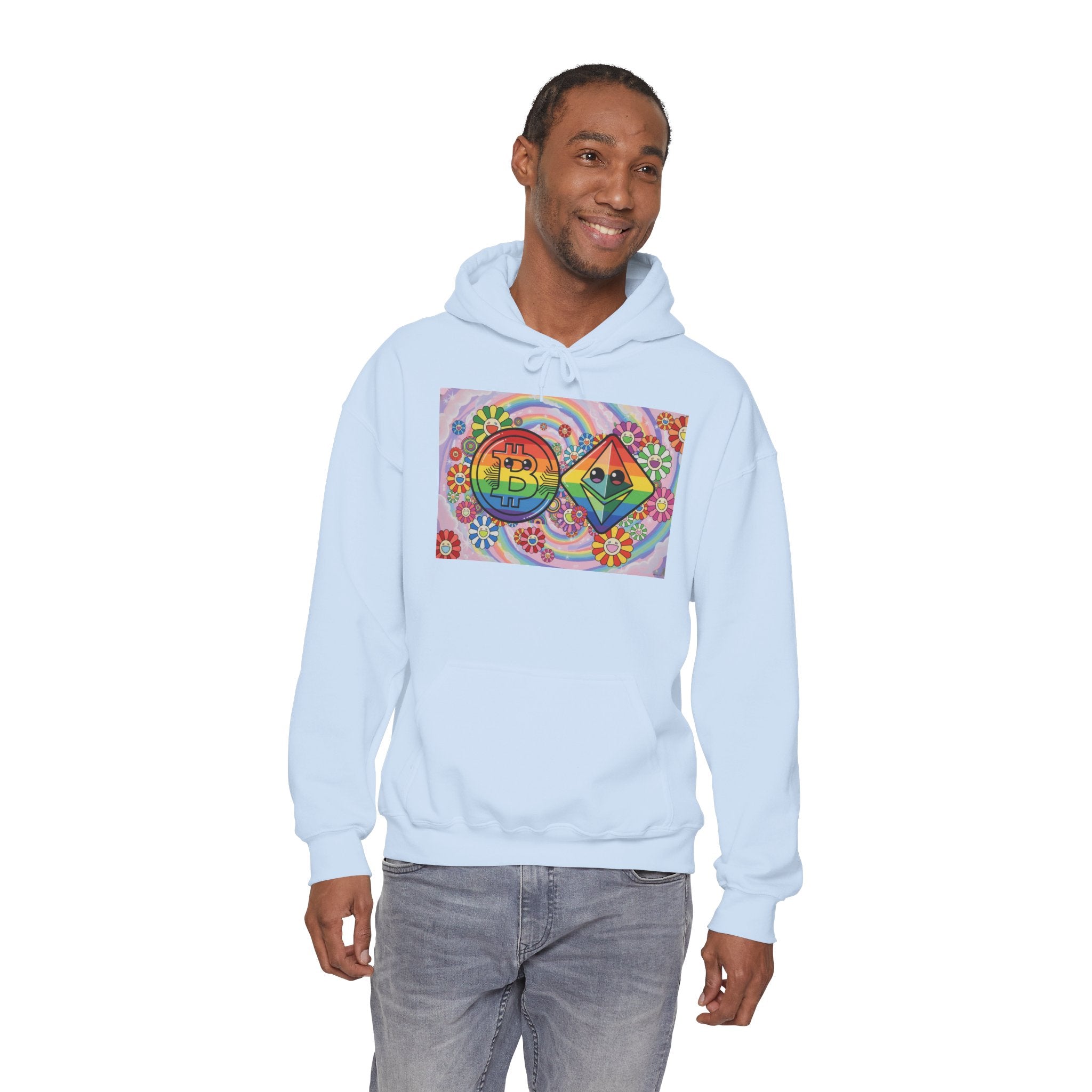 Crypto Flower Power Hoodie — Bitcoin & Ethereum Psychedelic Design