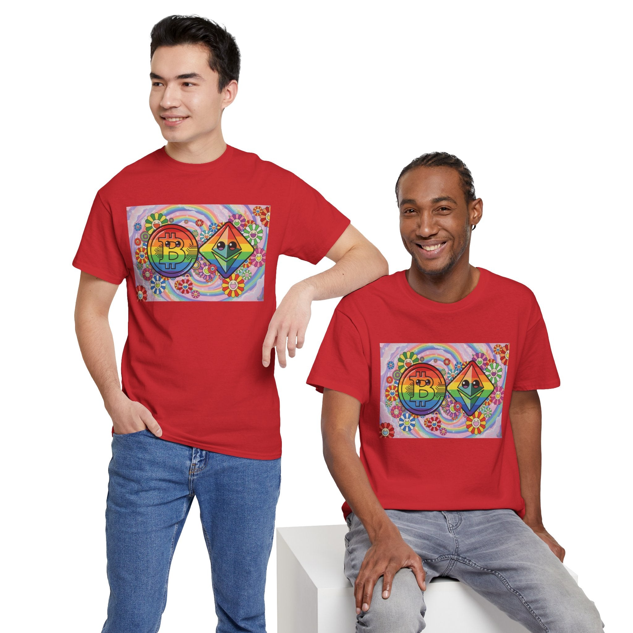Crypto Rainbow T-Shirt — Bitcoin & Ethereum Hippie Art Tee