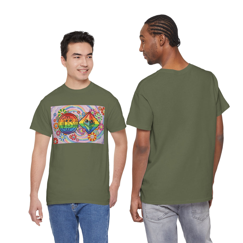 Crypto Rainbow T-Shirt — Bitcoin & Ethereum Hippie Art Tee