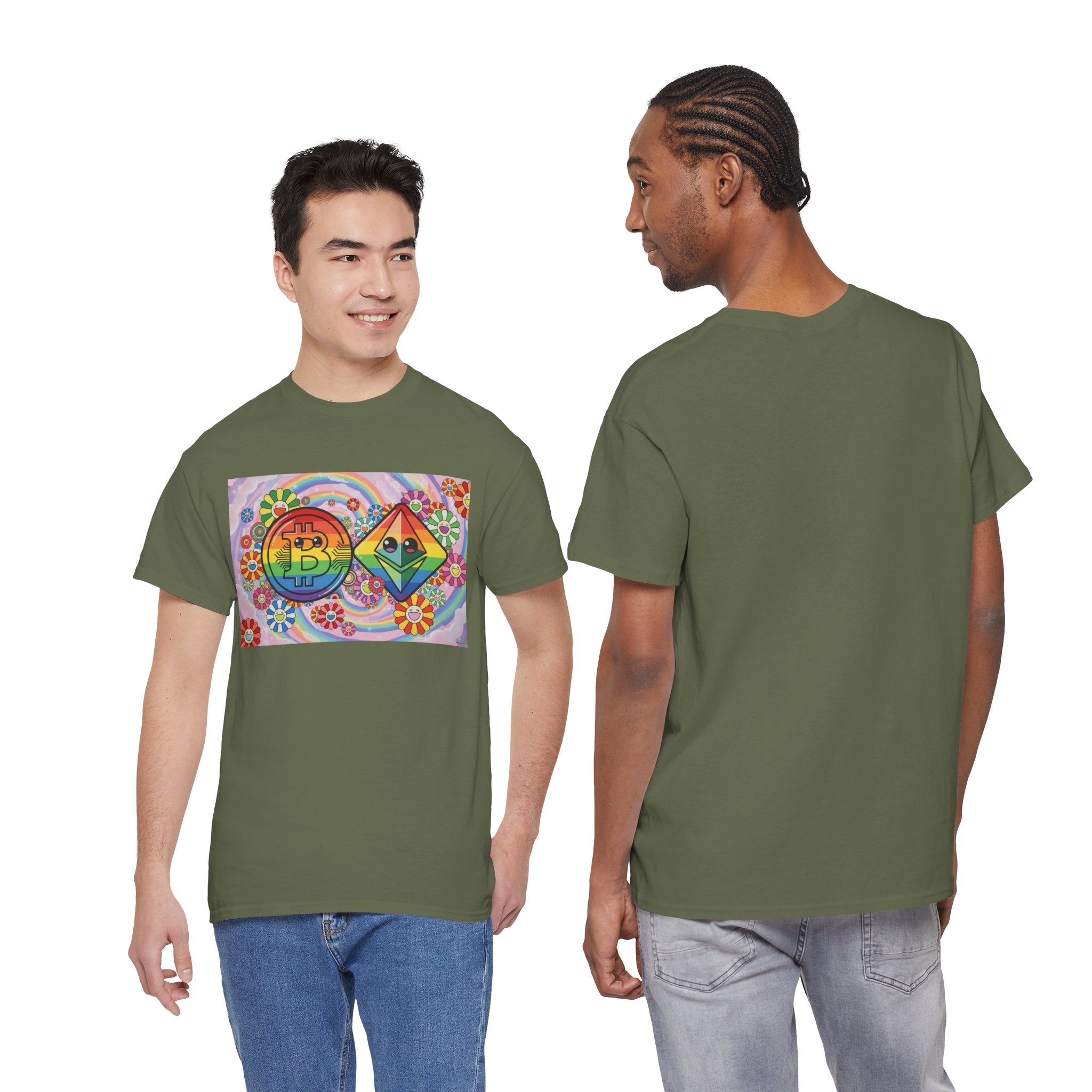 Crypto Rainbow T-Shirt — Bitcoin & Ethereum Hippie Art Tee