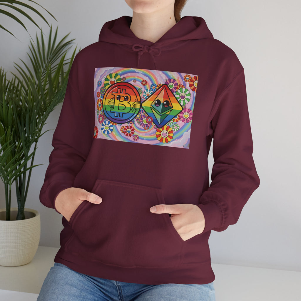 Crypto Flower Power Hoodie — Bitcoin & Ethereum Psychedelic Design