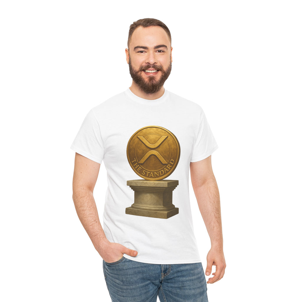 XRP Ledger Trophy T‑Shirt – Gold Ripple Coin on Pedestal Crypto Tee