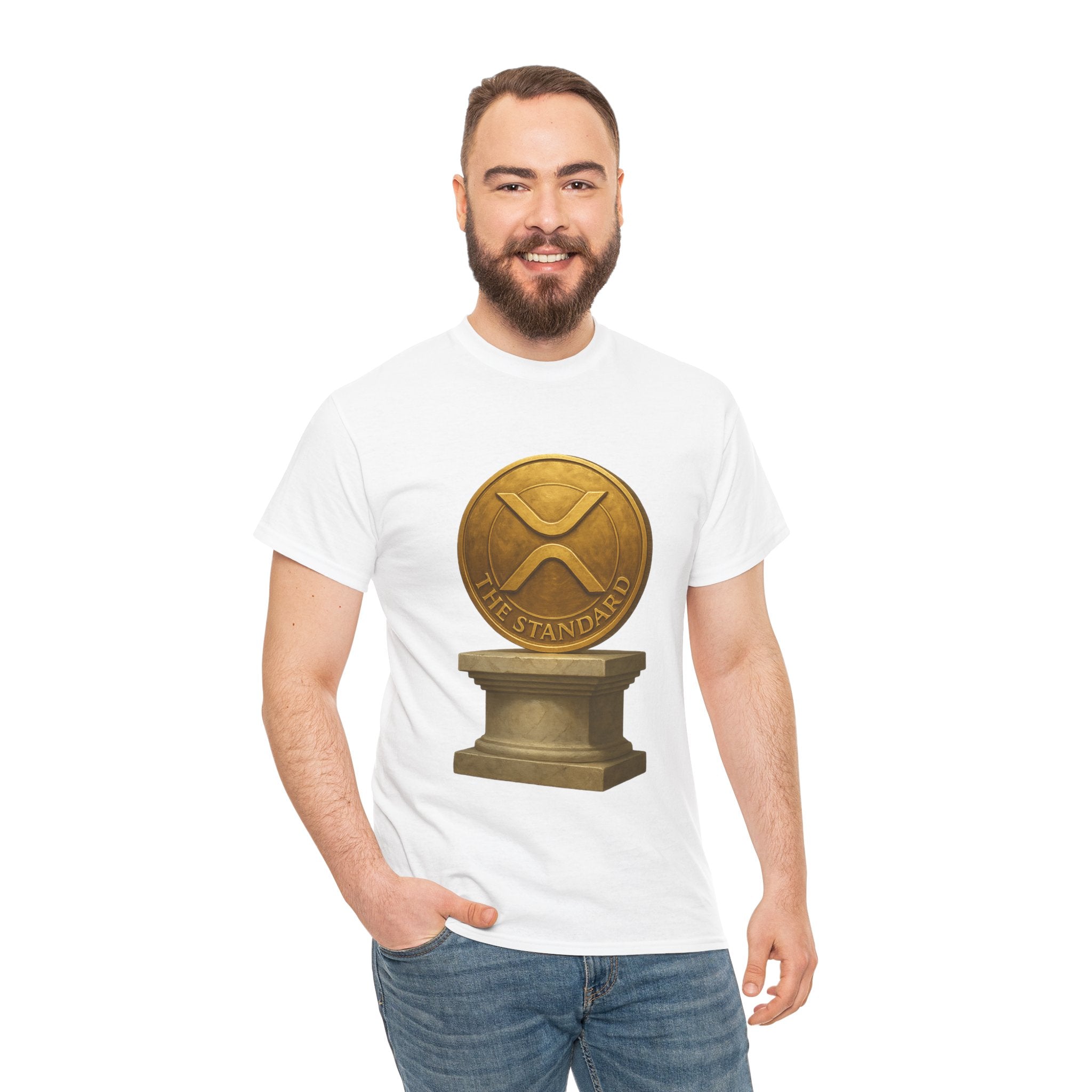 XRP Ledger Trophy T‑Shirt – Gold Ripple Coin on Pedestal Crypto Tee