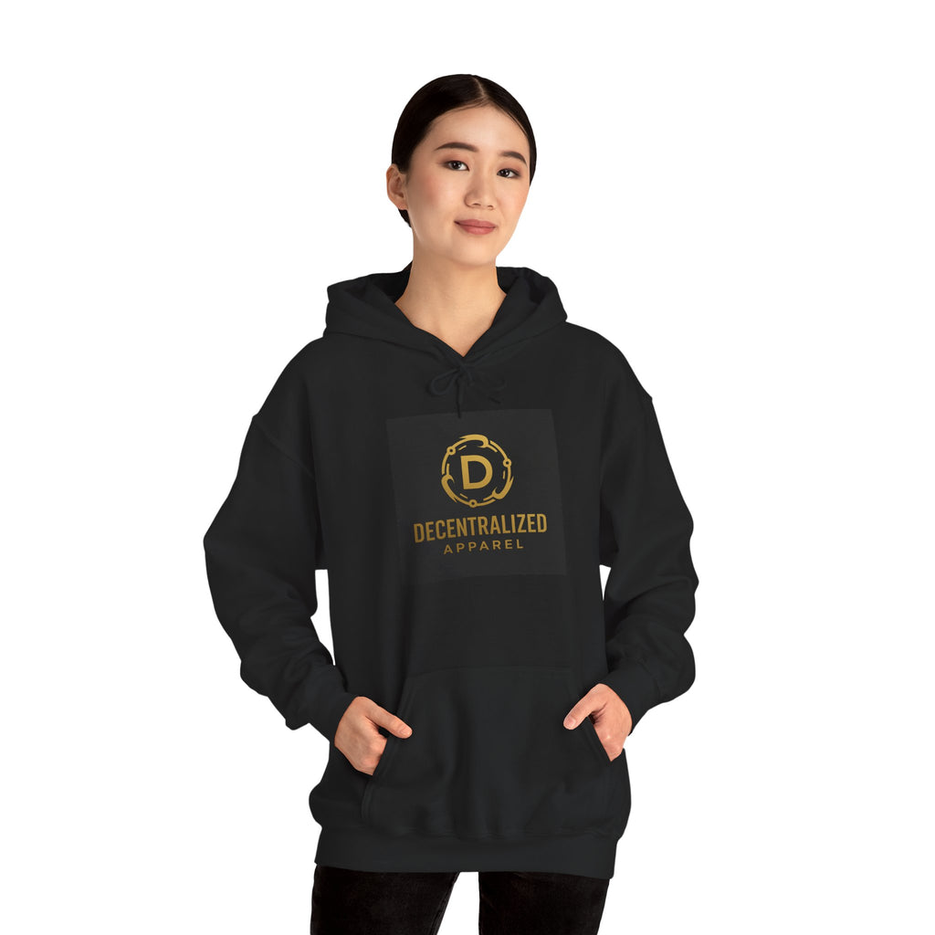 Decentralized Apparel Logo Hoodie – Gold Emblem Streetwear Sweatshirt