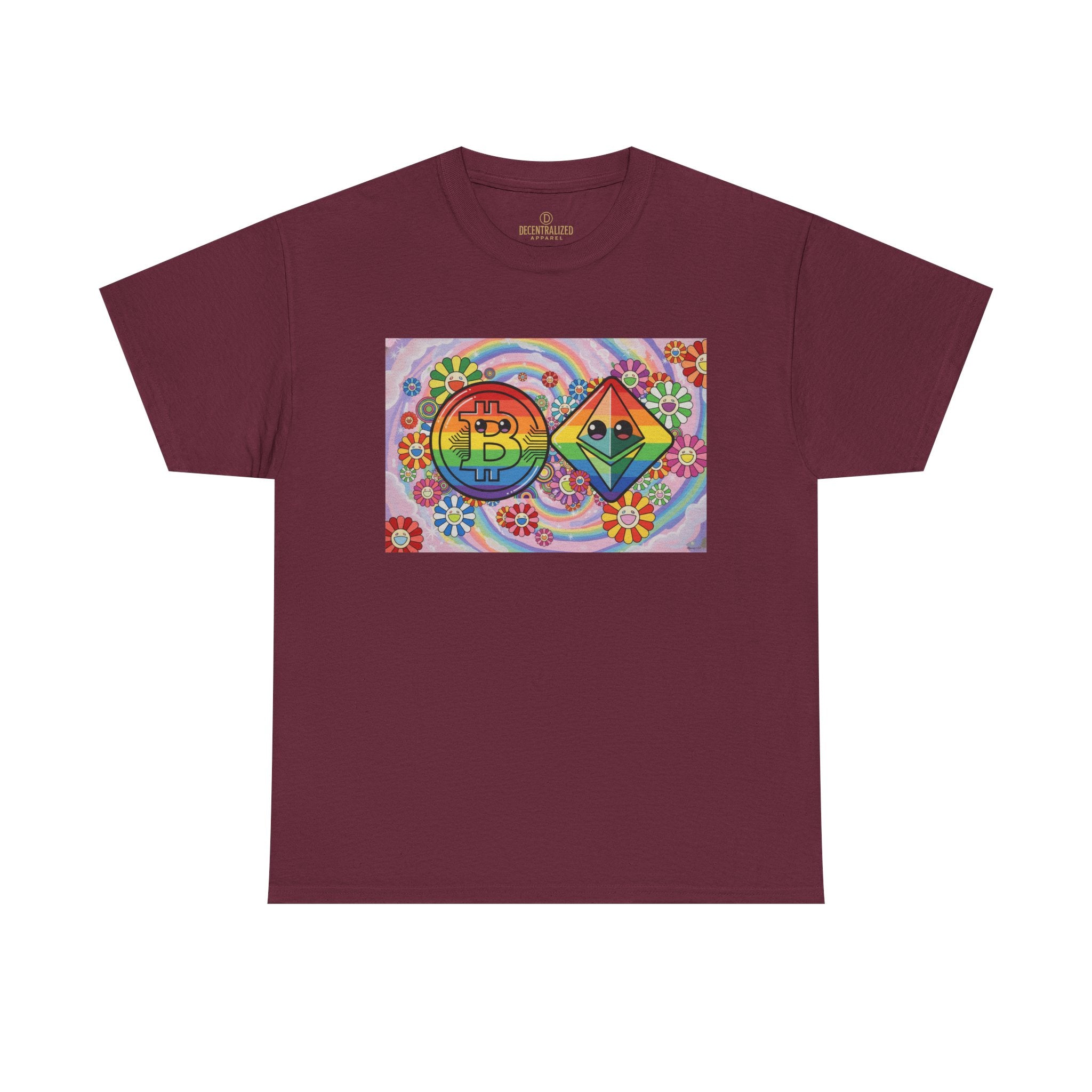 Crypto Rainbow T-Shirt — Bitcoin & Ethereum Hippie Art Tee