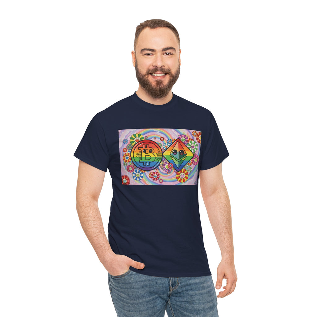 Crypto Rainbow T-Shirt — Bitcoin & Ethereum Hippie Art Tee