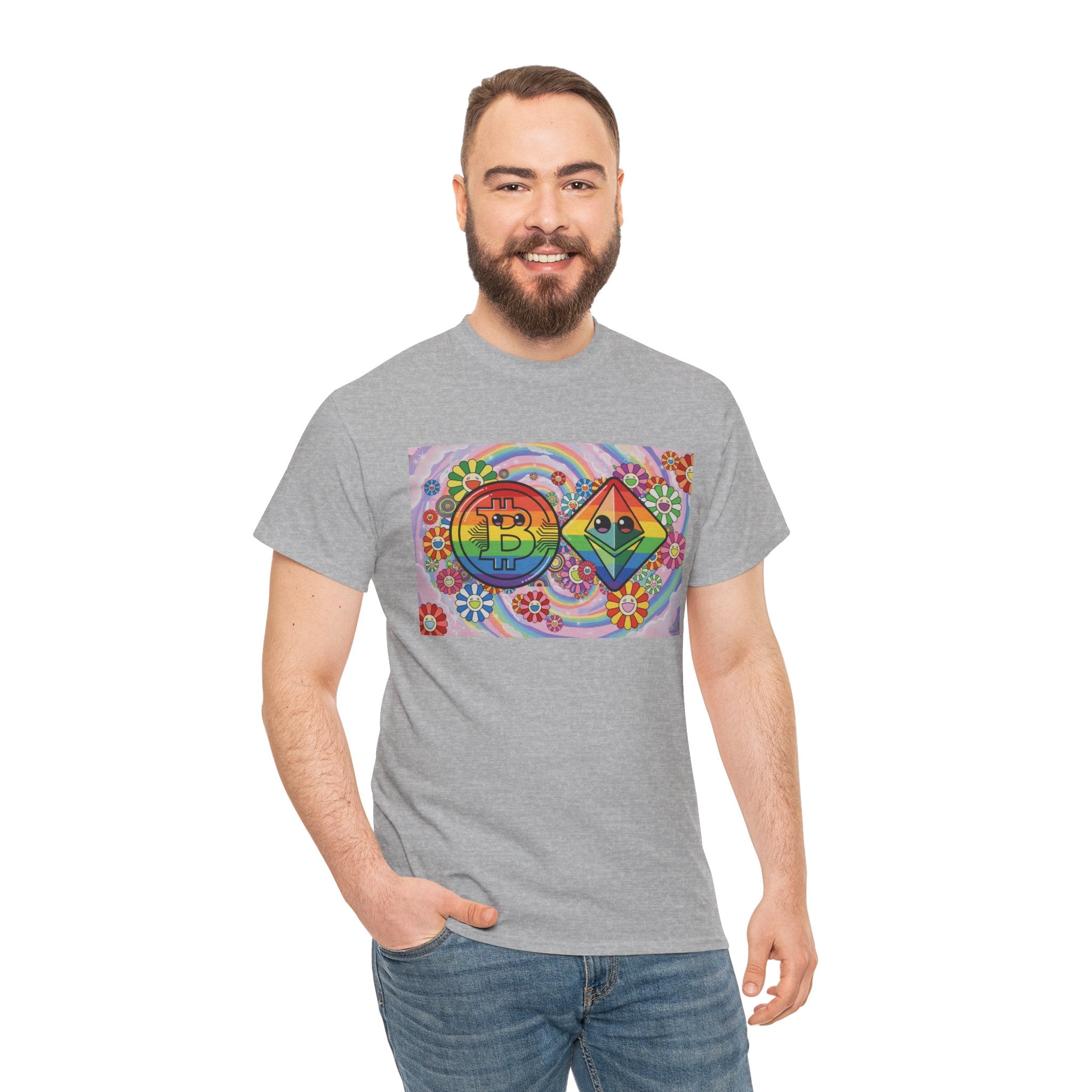 Crypto Rainbow T-Shirt — Bitcoin & Ethereum Hippie Art Tee