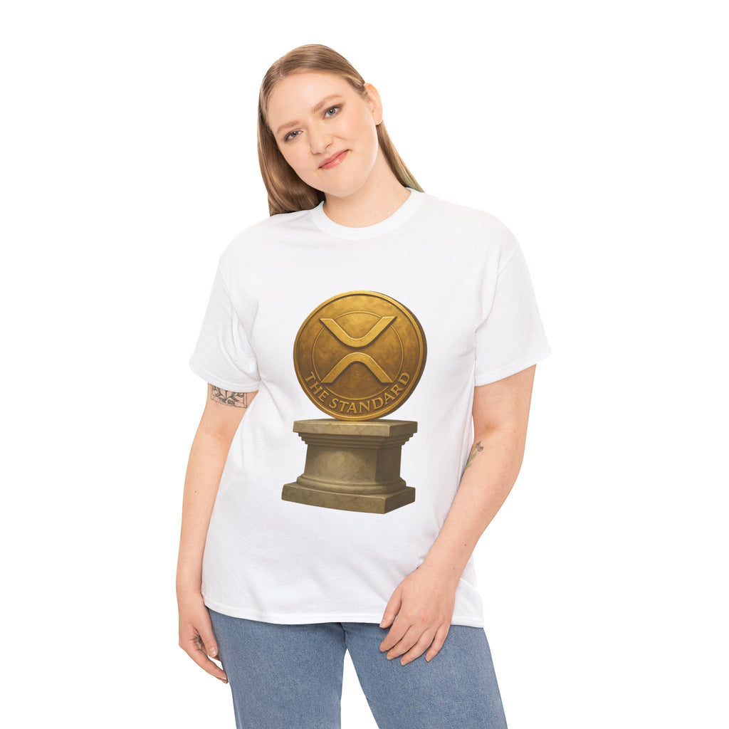 XRP Ledger Trophy T‑Shirt – Gold Ripple Coin on Pedestal Crypto Tee