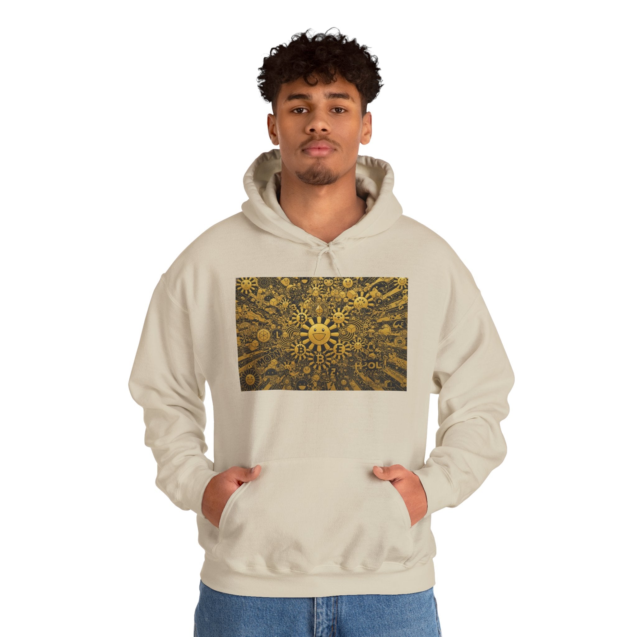 Solar Mandala Hoodie — Golden Sunburst Graphic Pullover