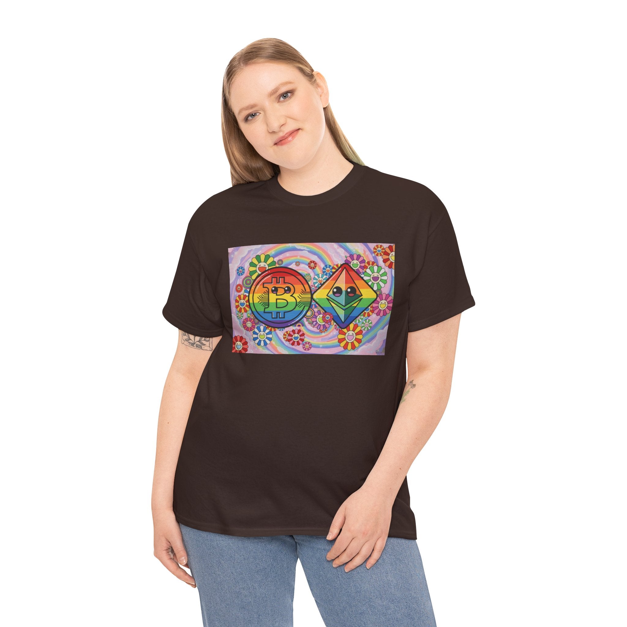 Crypto Rainbow T-Shirt — Bitcoin & Ethereum Hippie Art Tee