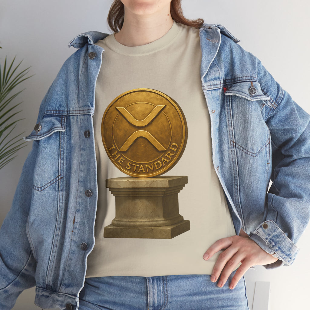 XRP Ledger Trophy T‑Shirt – Gold Ripple Coin on Pedestal Crypto Tee