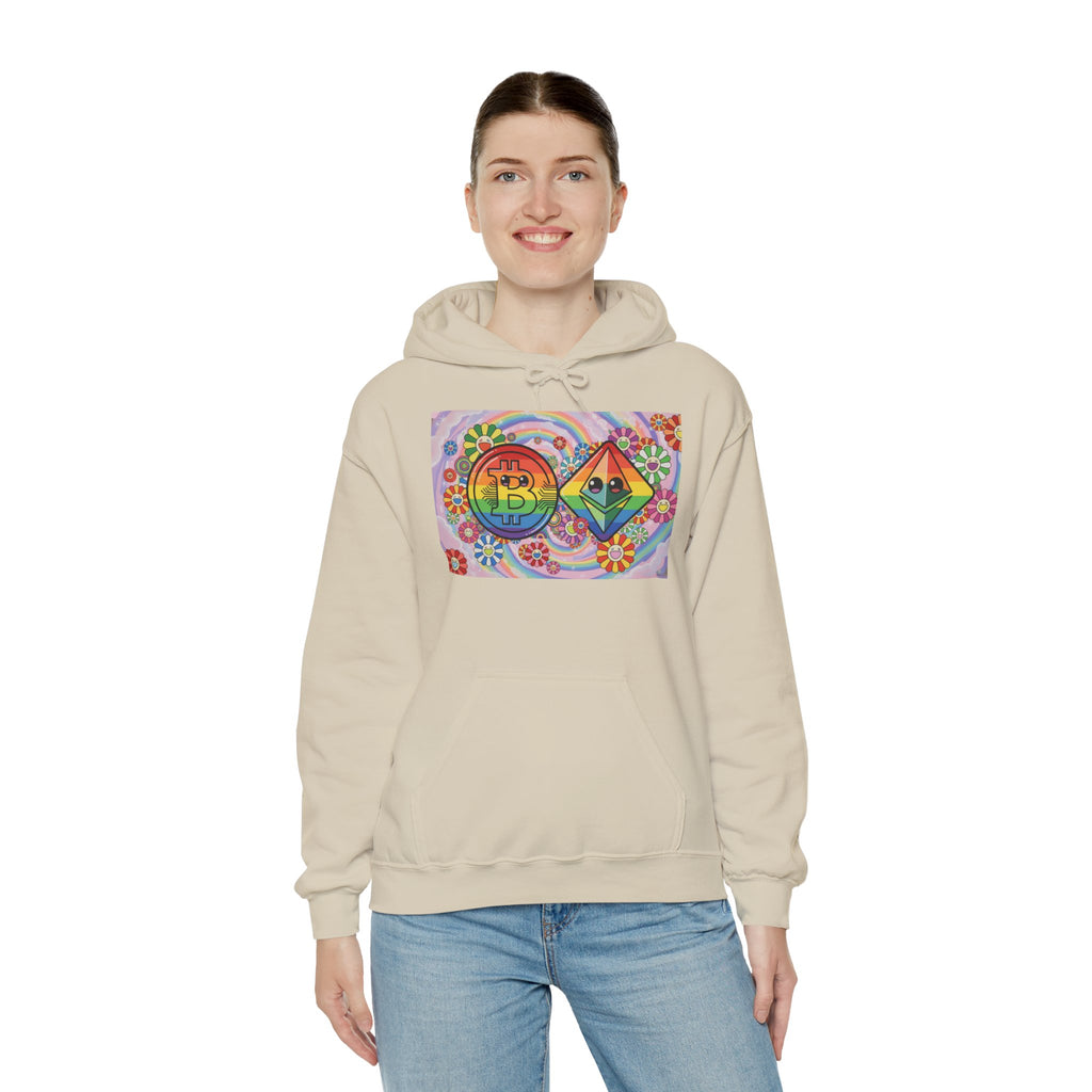 Crypto Flower Power Hoodie — Bitcoin & Ethereum Psychedelic Design