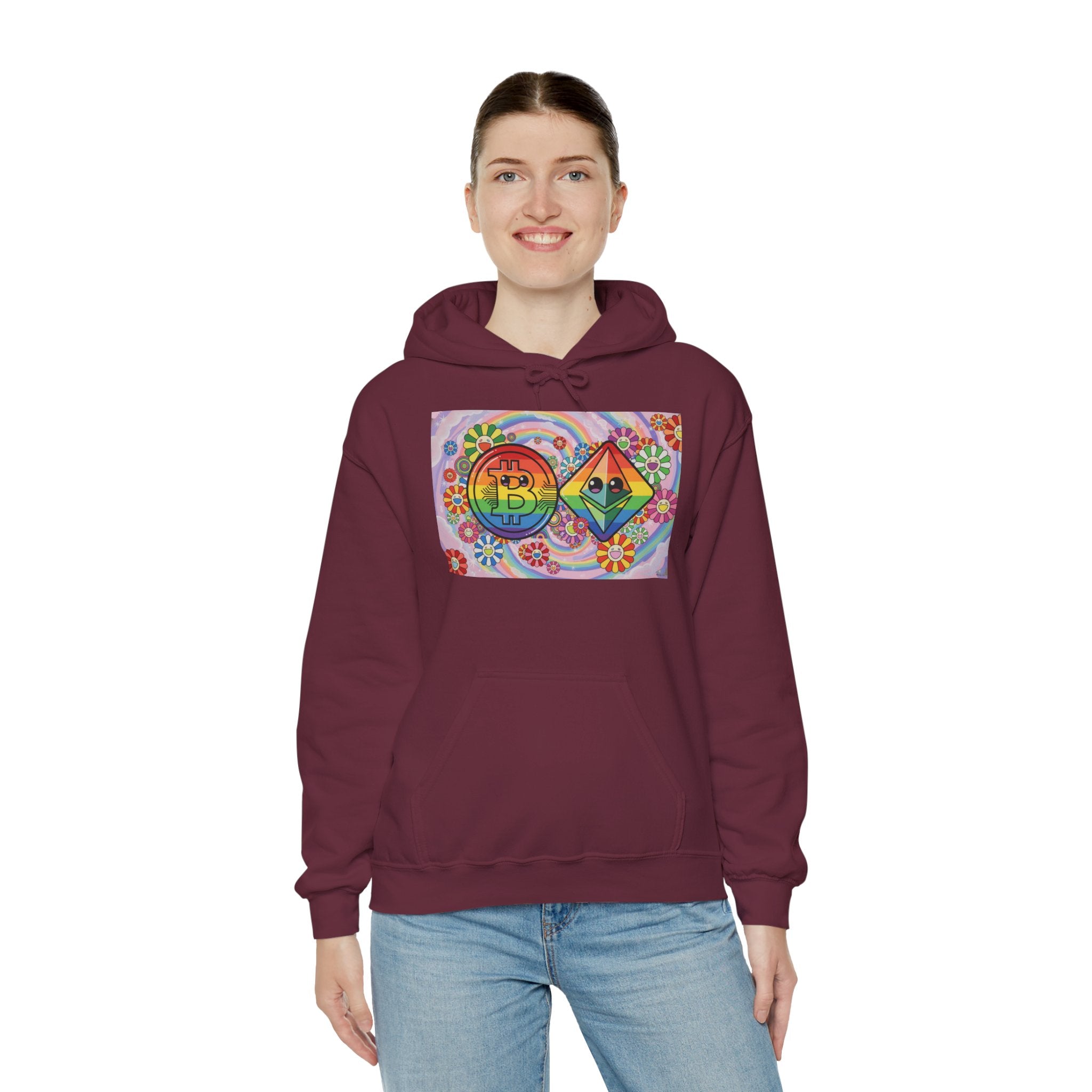 Crypto Flower Power Hoodie — Bitcoin & Ethereum Psychedelic Design