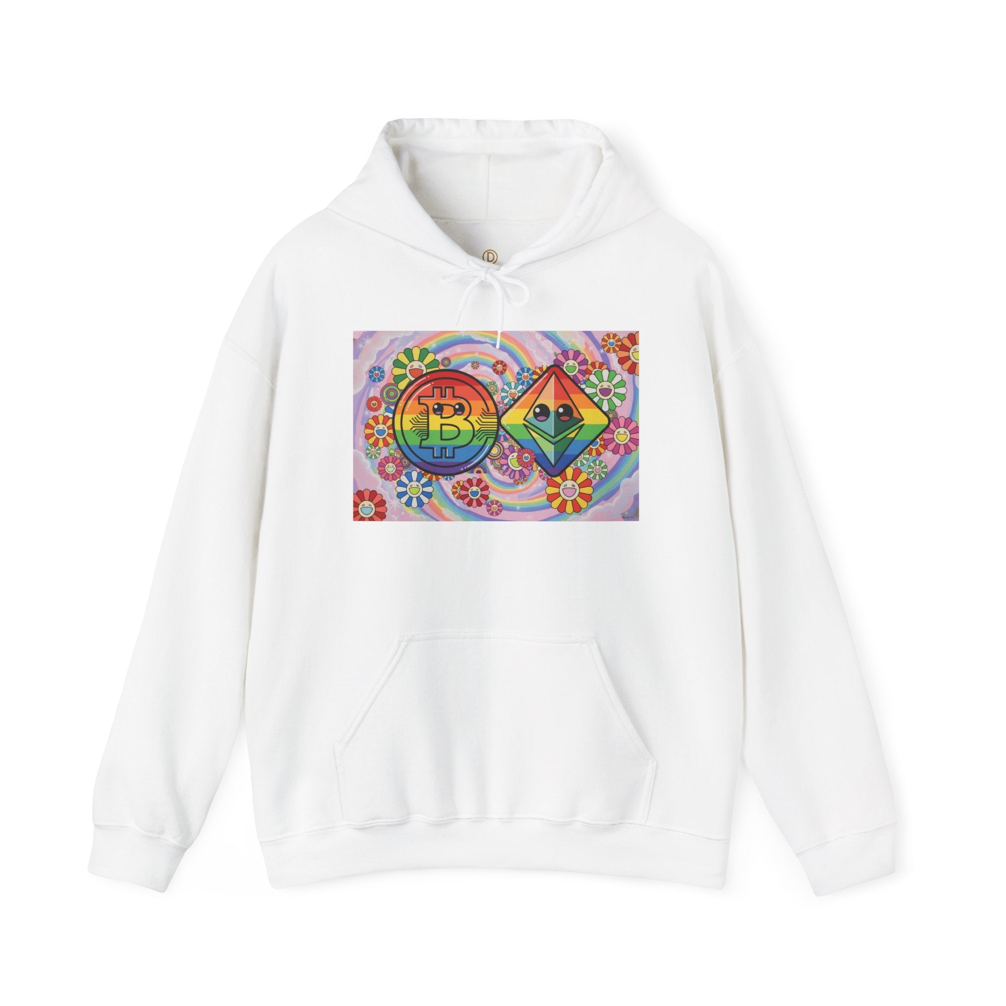 Crypto Flower Power Hoodie — Bitcoin & Ethereum Psychedelic Design