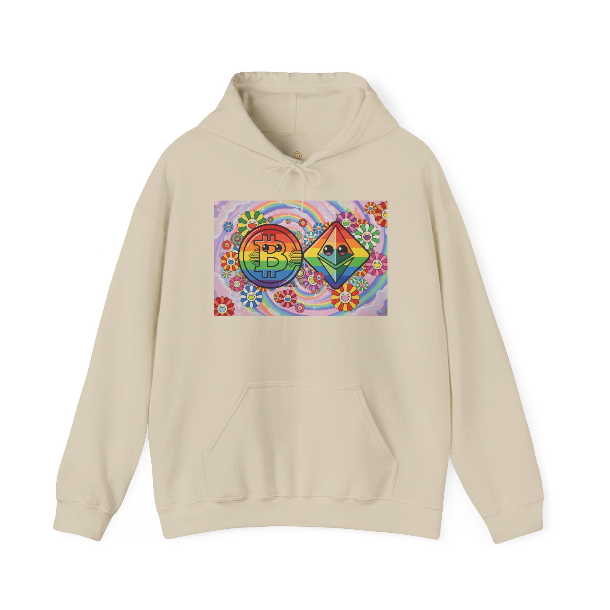 Crypto Flower Power Hoodie — Bitcoin & Ethereum Psychedelic Design