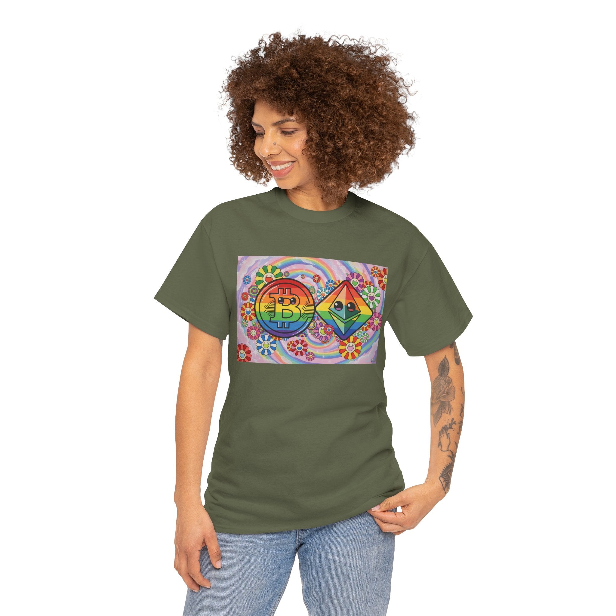 Crypto Rainbow T-Shirt — Bitcoin & Ethereum Hippie Art Tee