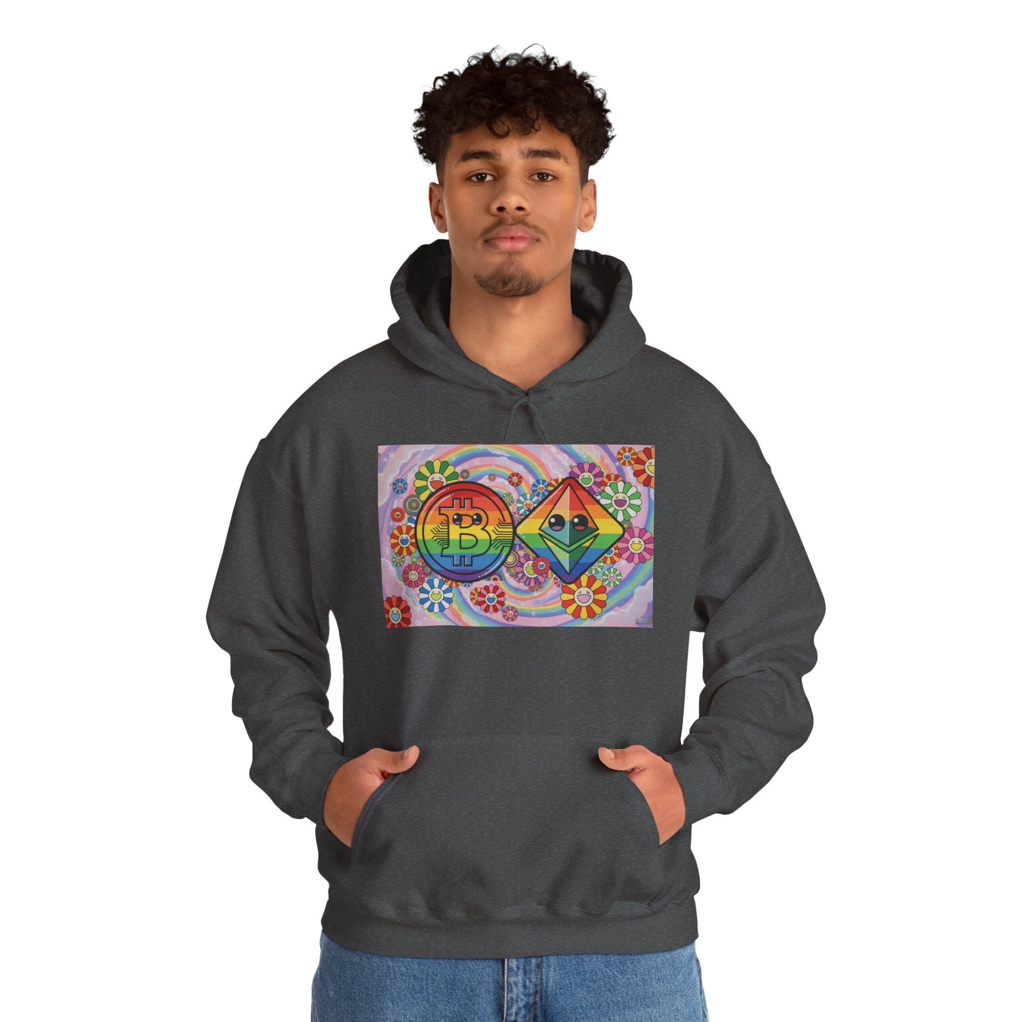 Crypto Flower Power Hoodie — Bitcoin & Ethereum Psychedelic Design