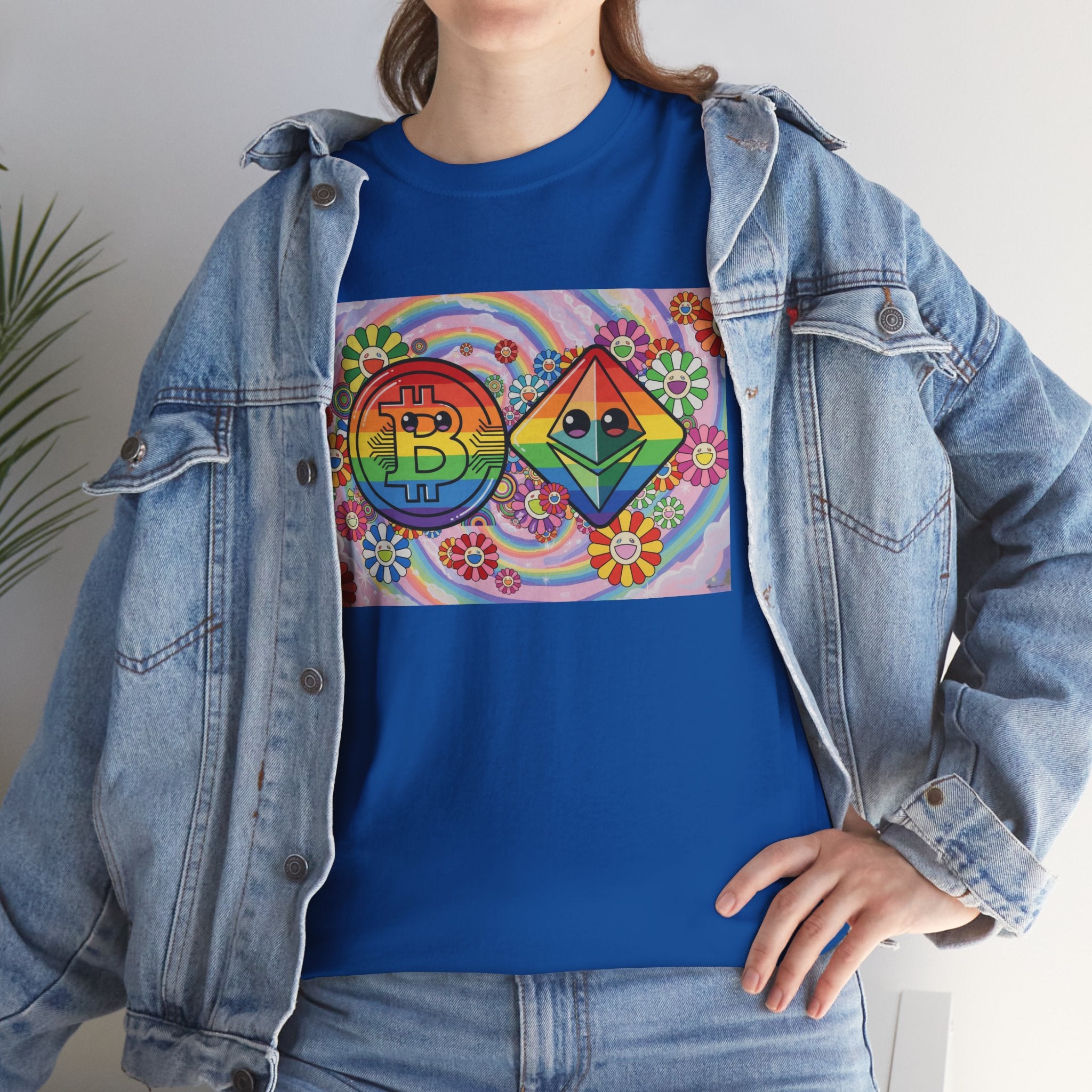 Crypto Rainbow T-Shirt — Bitcoin & Ethereum Hippie Art Tee