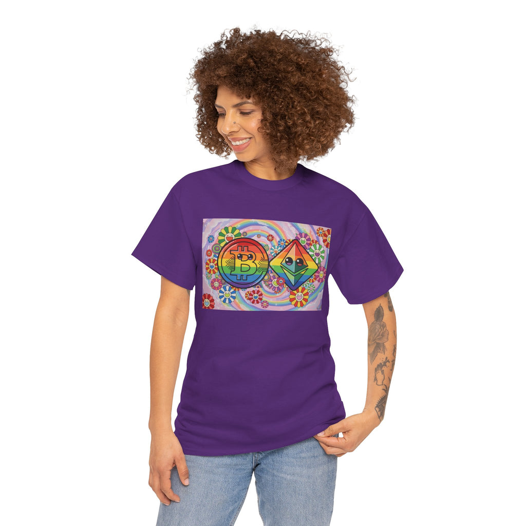 Crypto Rainbow T-Shirt — Bitcoin & Ethereum Hippie Art Tee