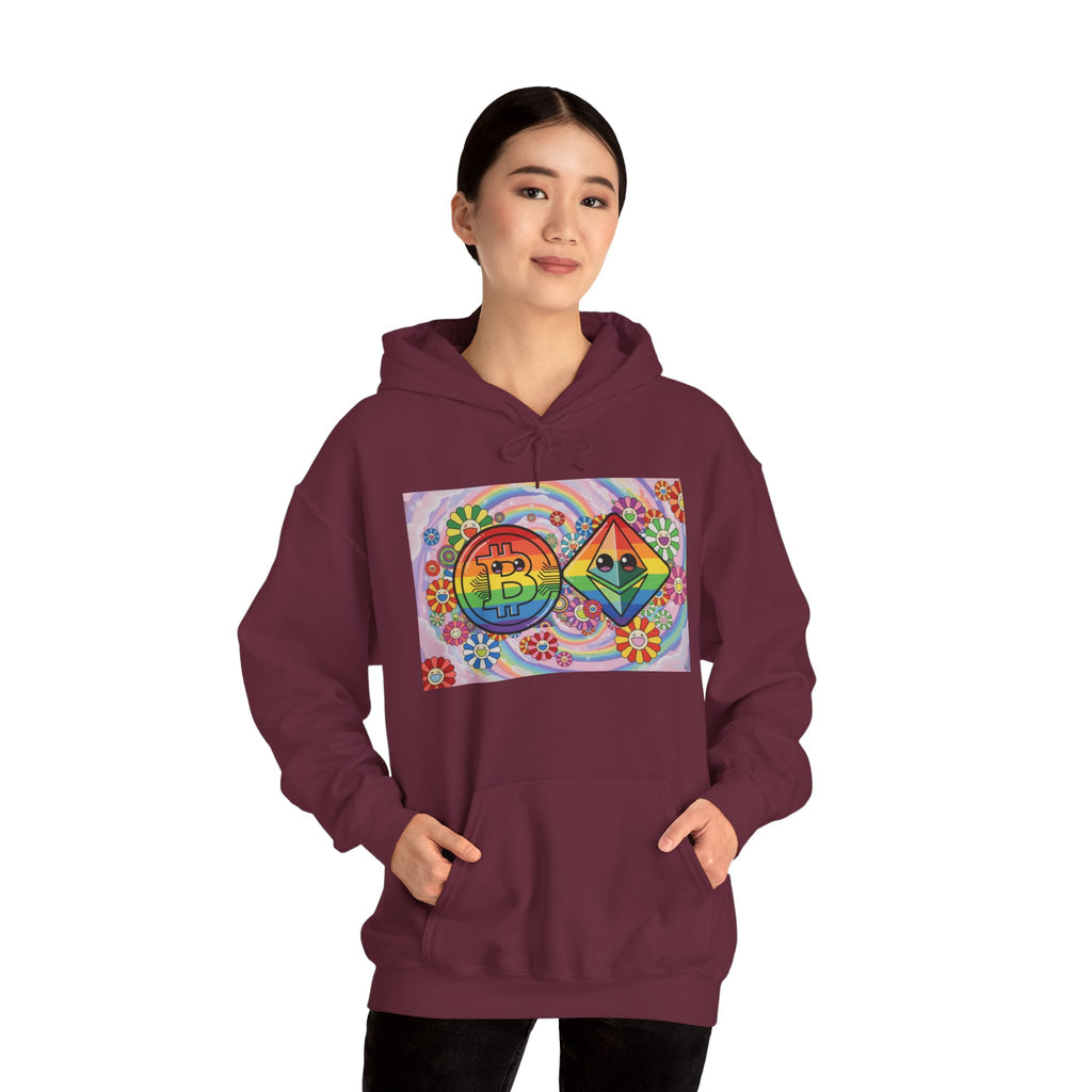 Crypto Flower Power Hoodie — Bitcoin & Ethereum Psychedelic Design