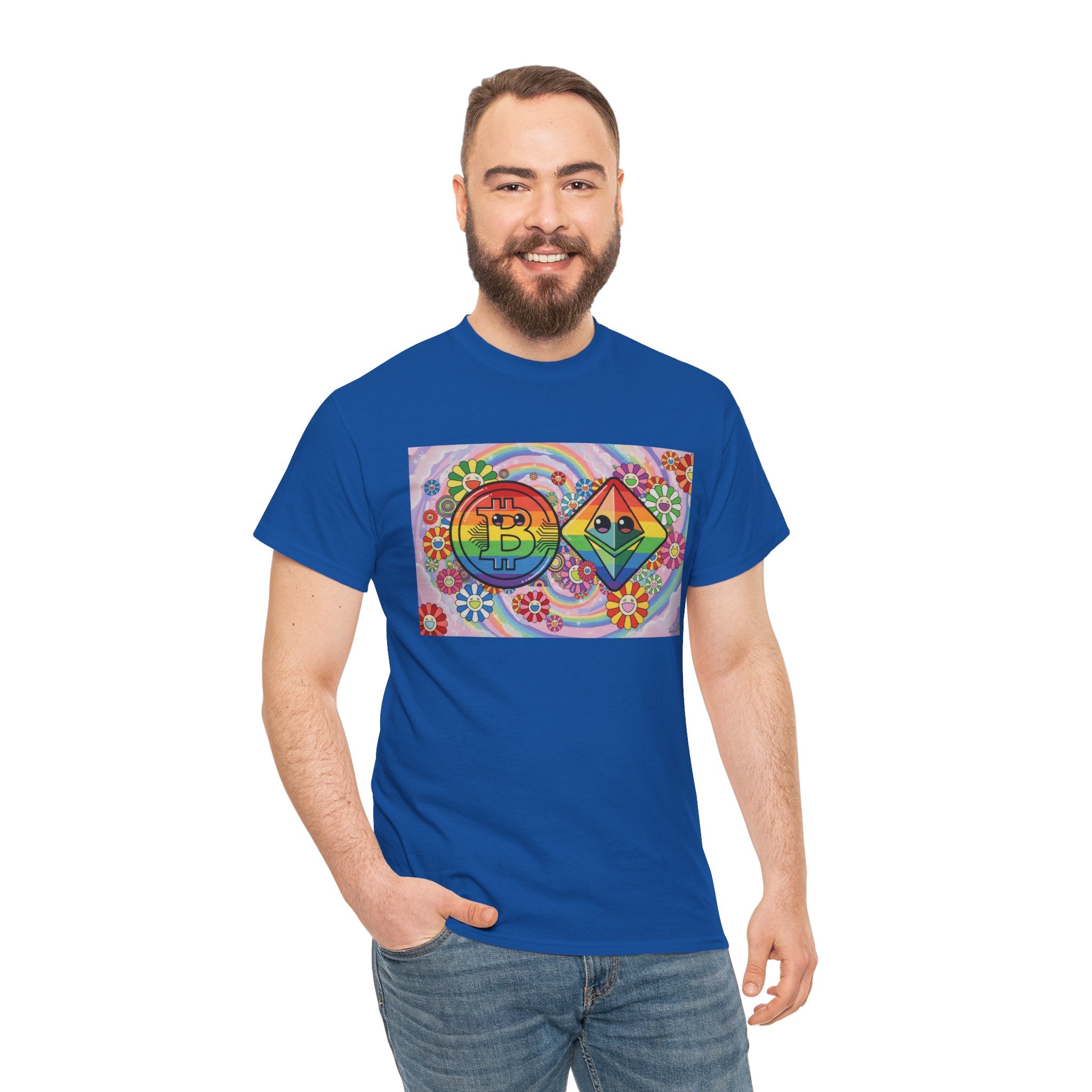 Crypto Rainbow T-Shirt — Bitcoin & Ethereum Hippie Art Tee