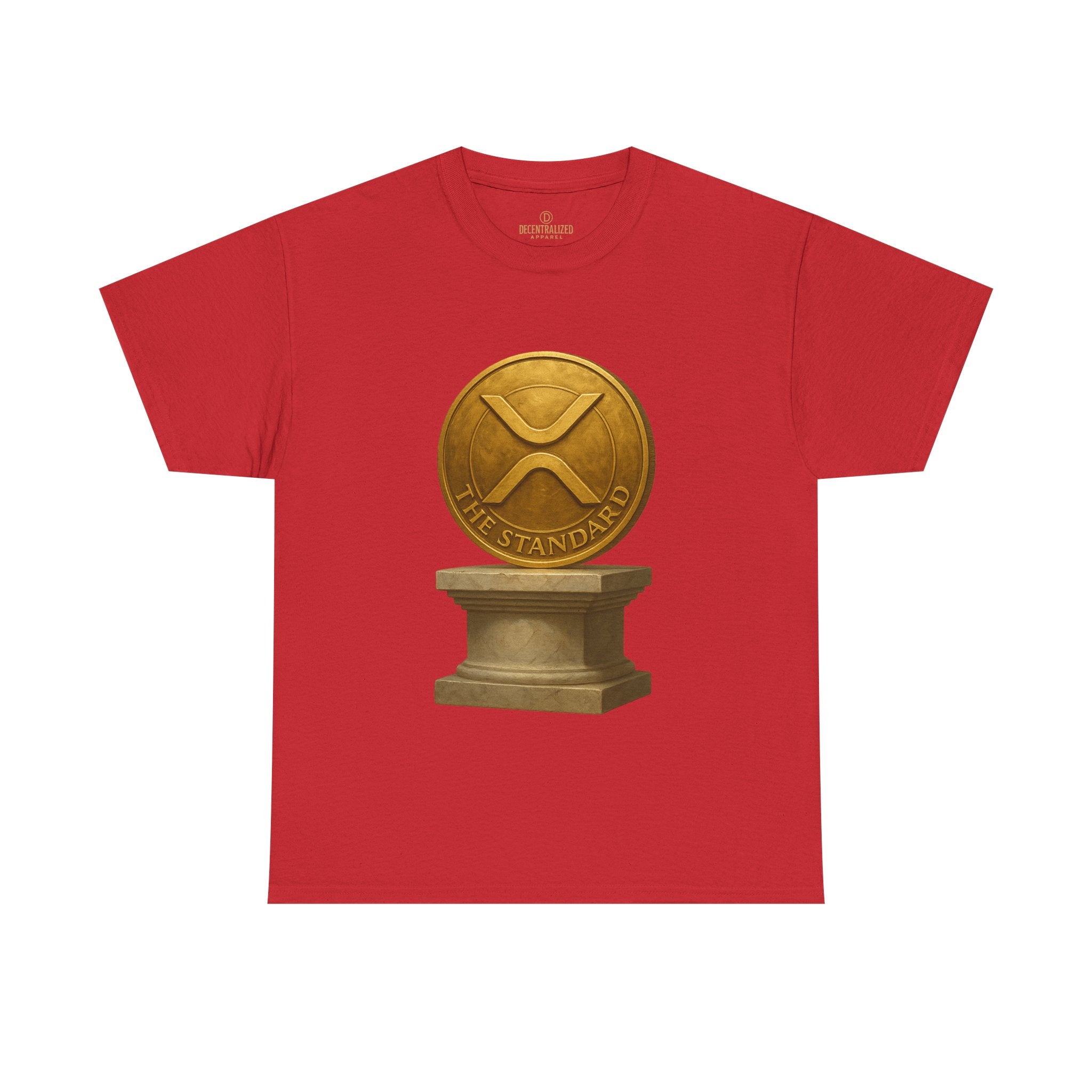 XRP Ledger Trophy T‑Shirt – Gold Ripple Coin on Pedestal Crypto Tee