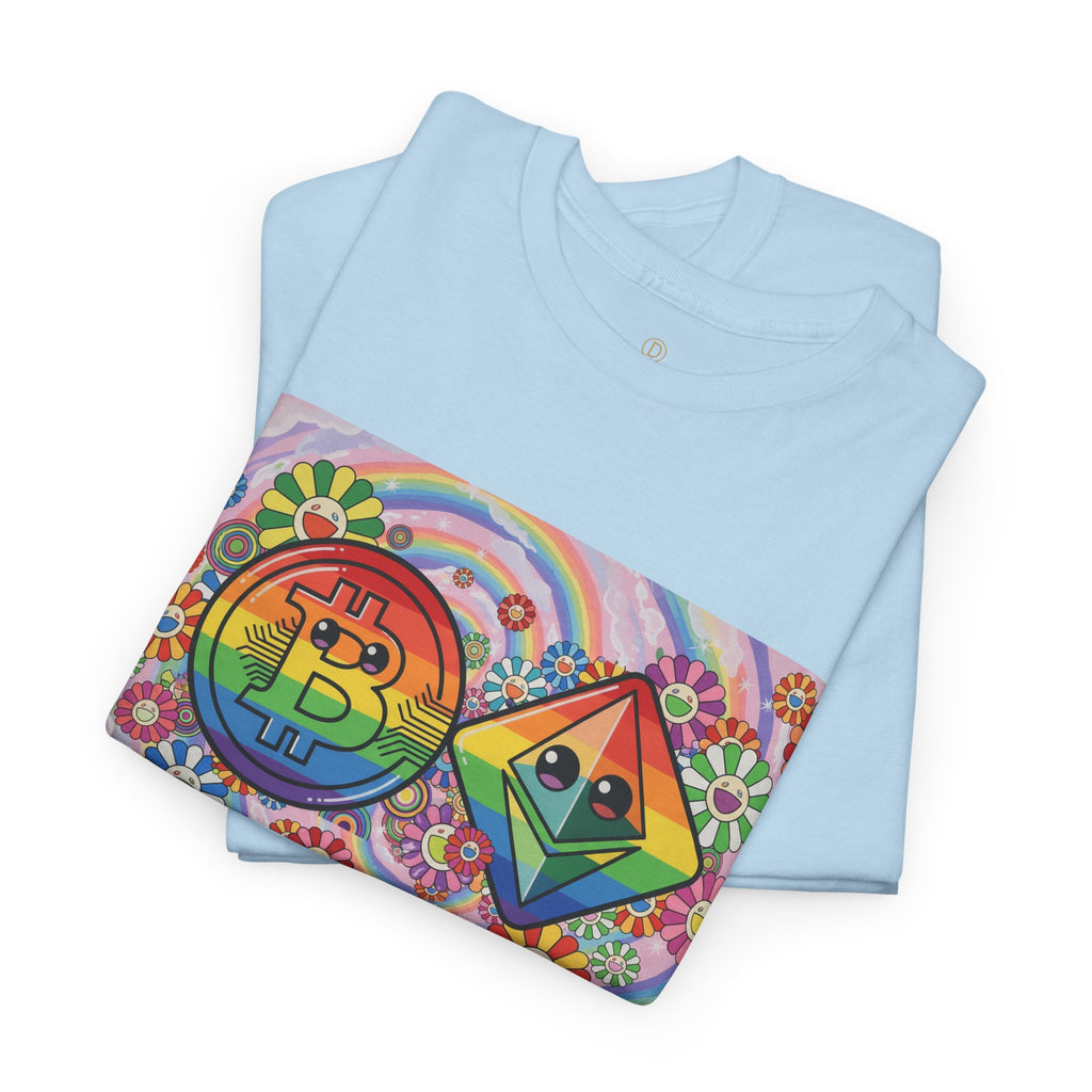 Crypto Rainbow T-Shirt — Bitcoin & Ethereum Hippie Art Tee